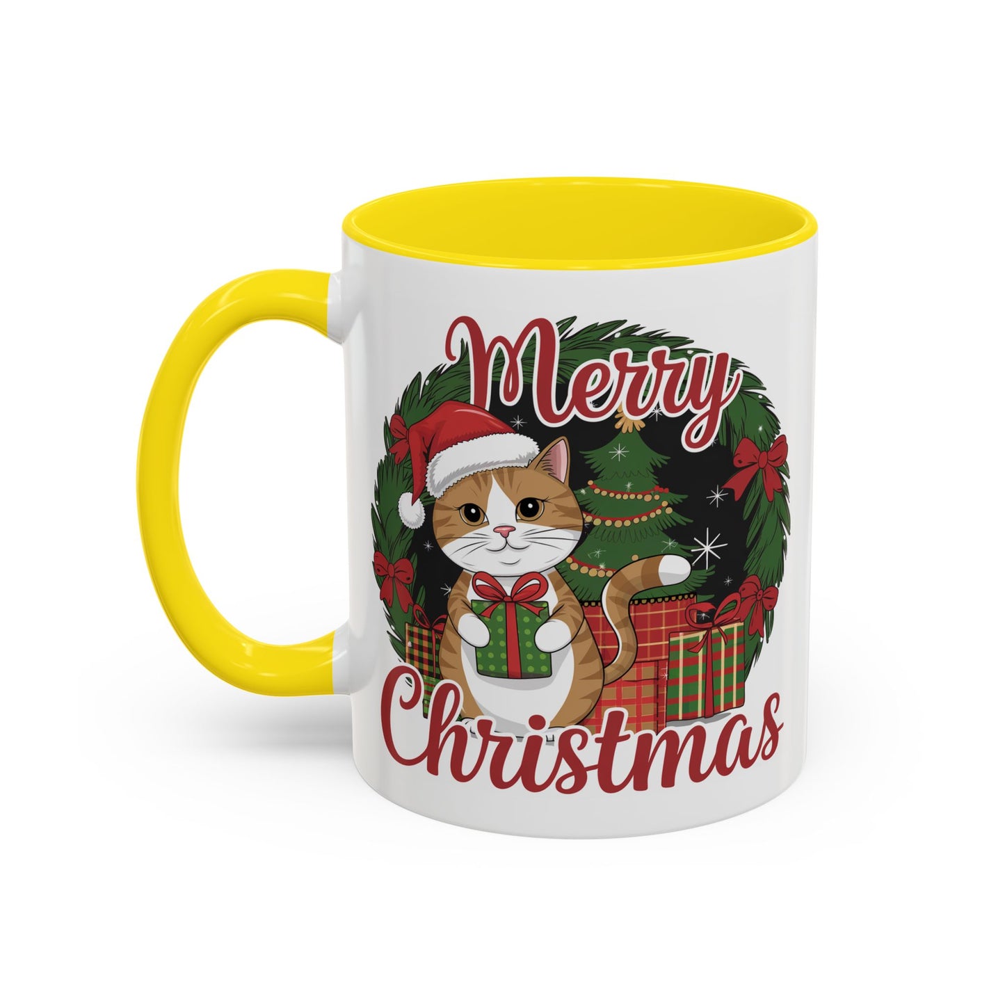 Christmas Mug - Merry Christmas Red Text Cat Presents Wreath