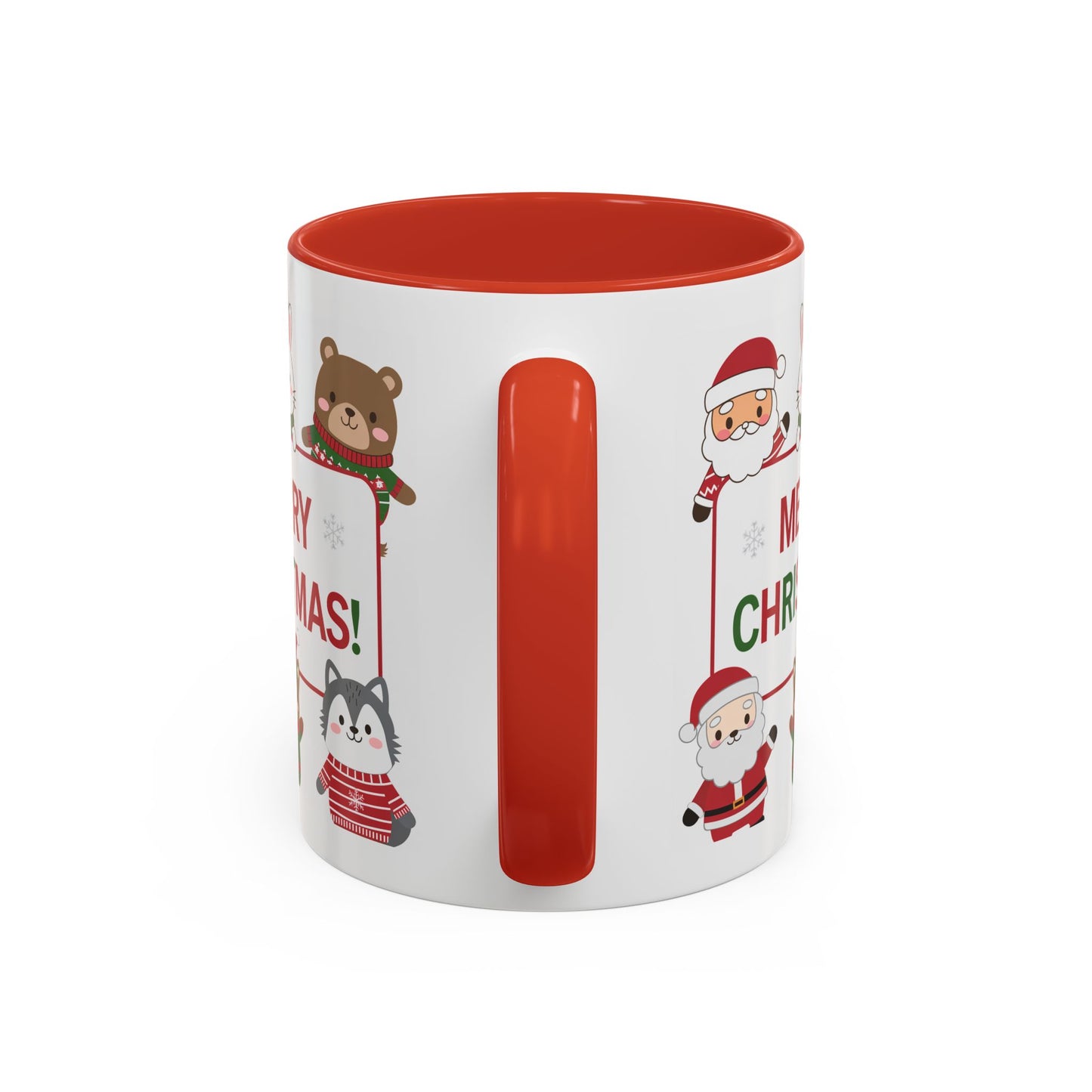 Christmas Mug - Merry Christmas Red & Green Text Santa Cute Animals