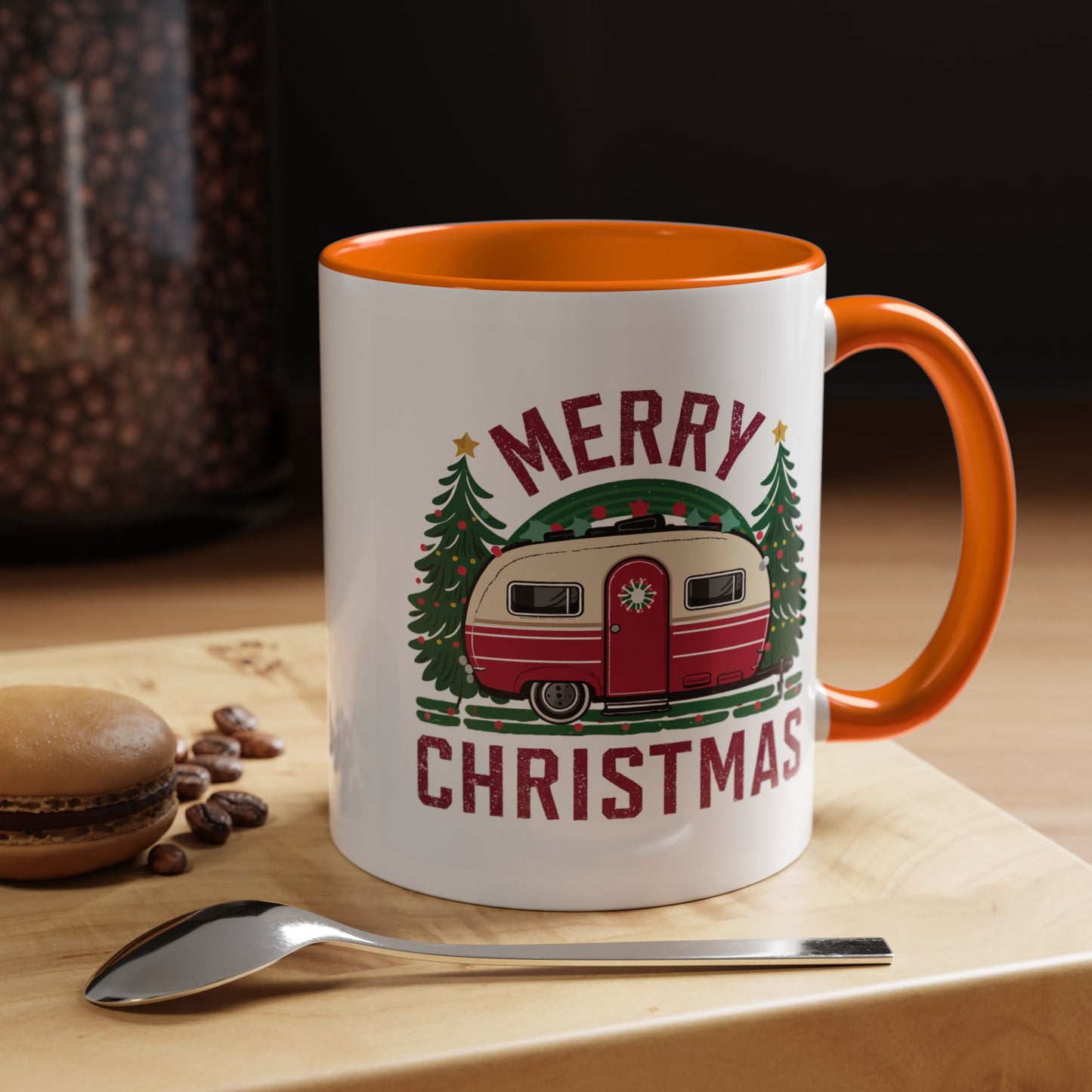 Christmas Mug - Merry Christmas Maroon Text Camper Trees