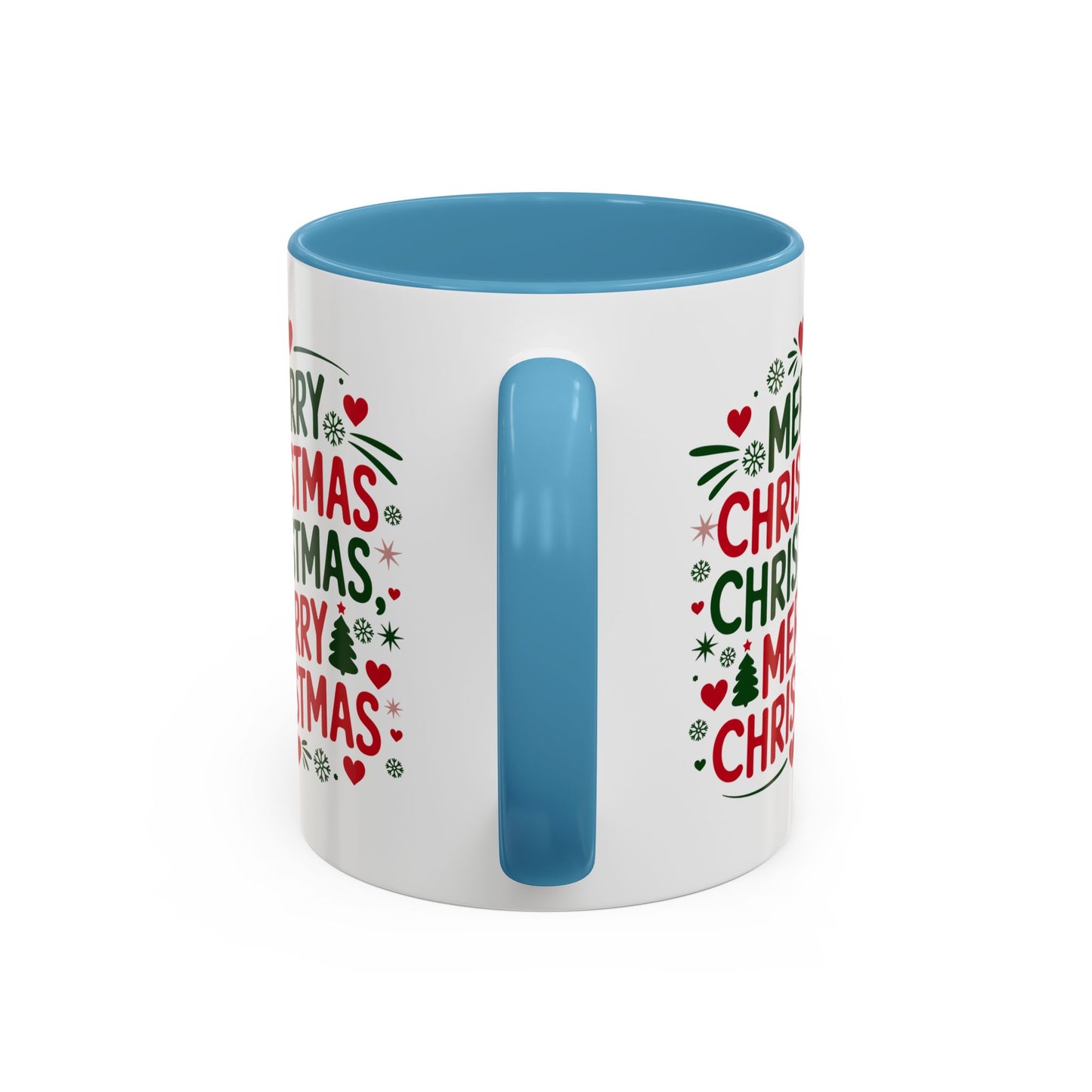 Christmas Mug - Merry Christmas Green & Red Text Trees Hearts Snowflakes Stars