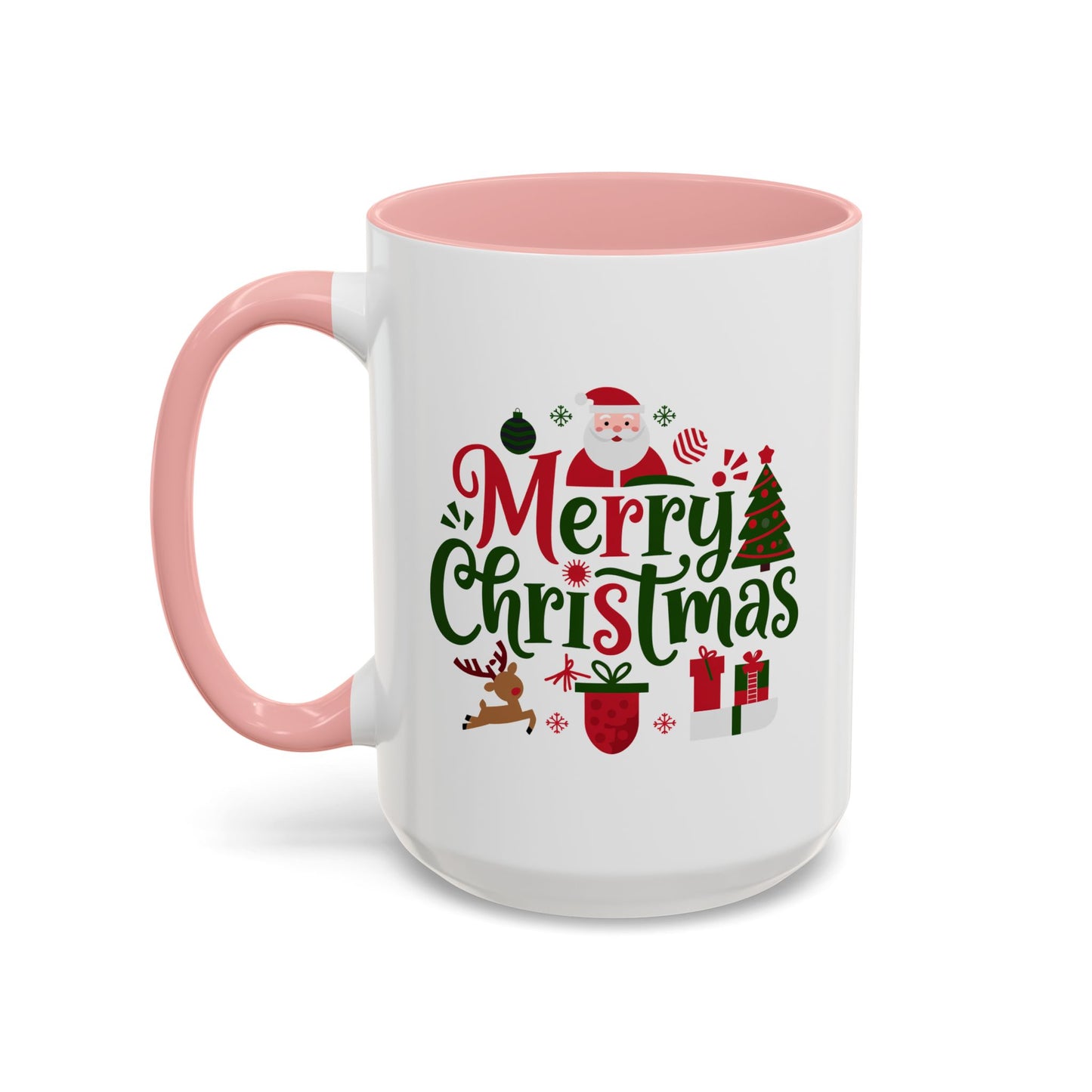 Christmas Mug - Merry Christmas Red & Green Text Santa Reindeer Tree Sleigh Ornaments