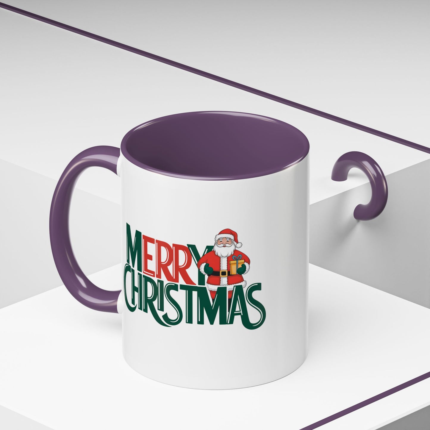 Christmas Mug - Merry Christmas Green & Red Text Santa Present