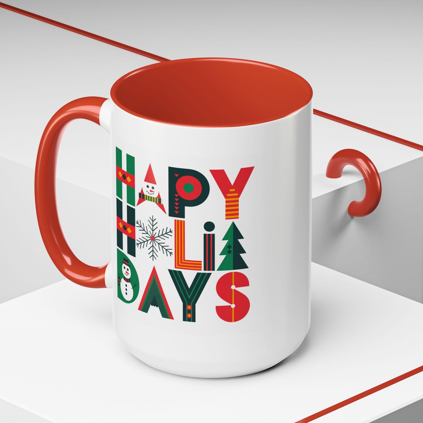 Christmas Mug - Happy Holidays Green Red & Blue Decorative Text