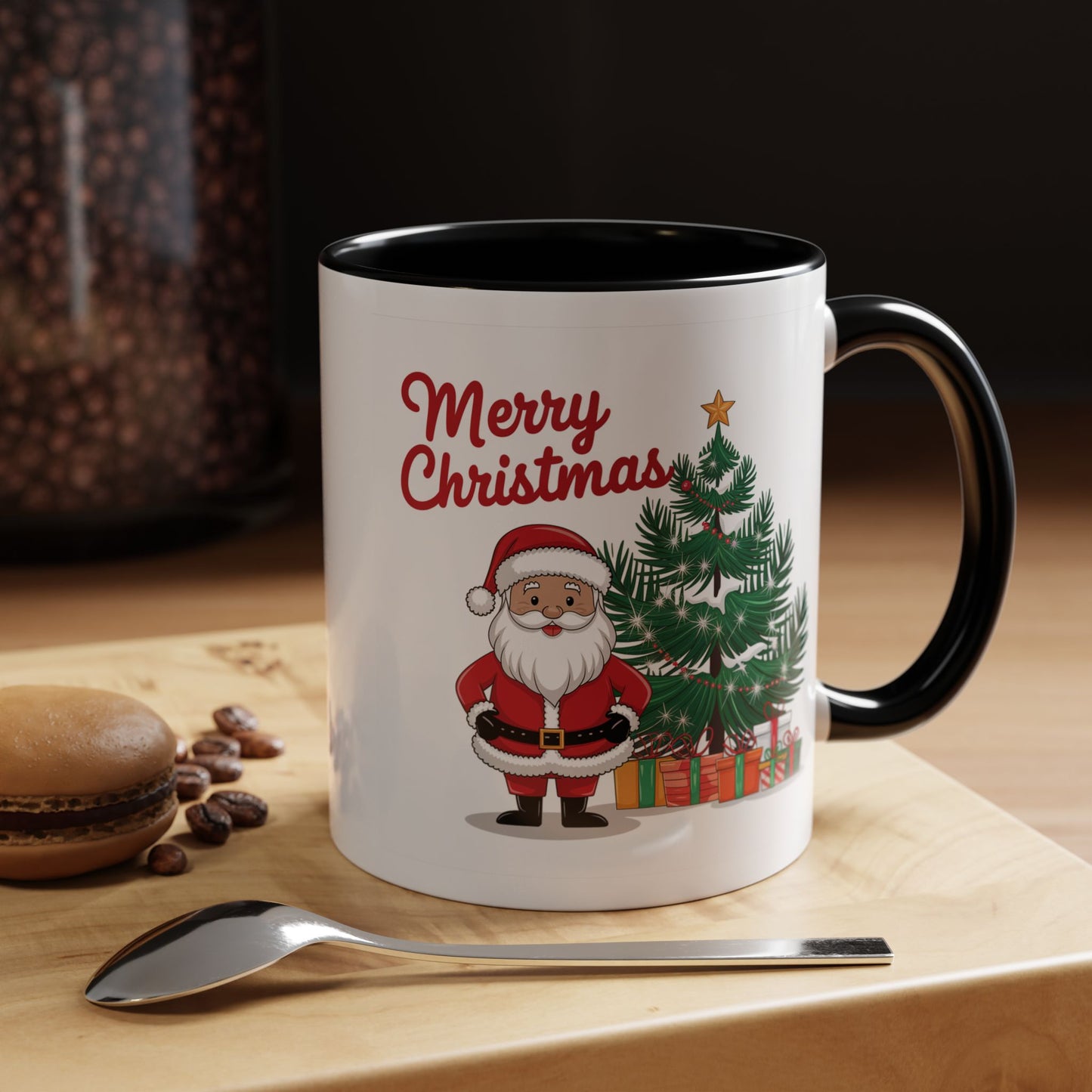 Christmas Mug - Merry Christmas Red Text Santa Tree Presents