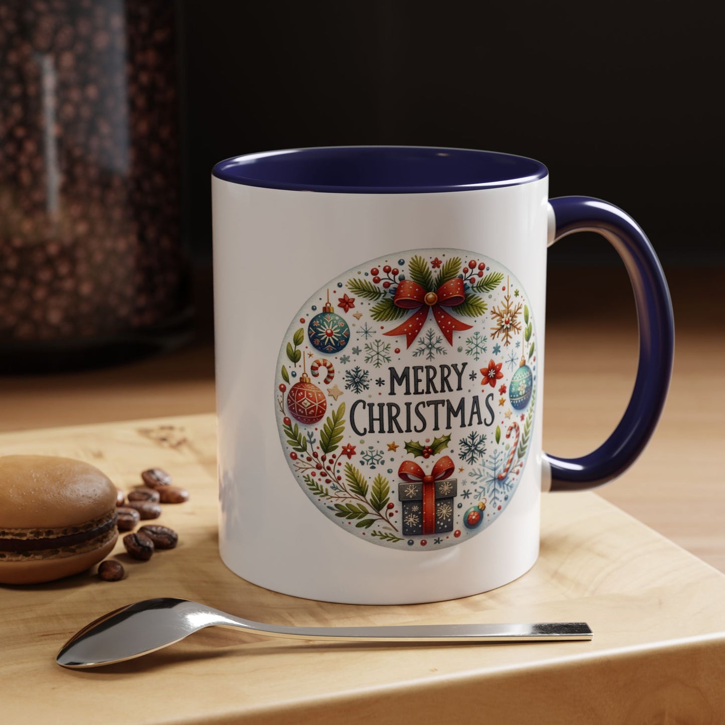 Christmas Mug - Merry Christmas Blue Text Bow Present Ornaments