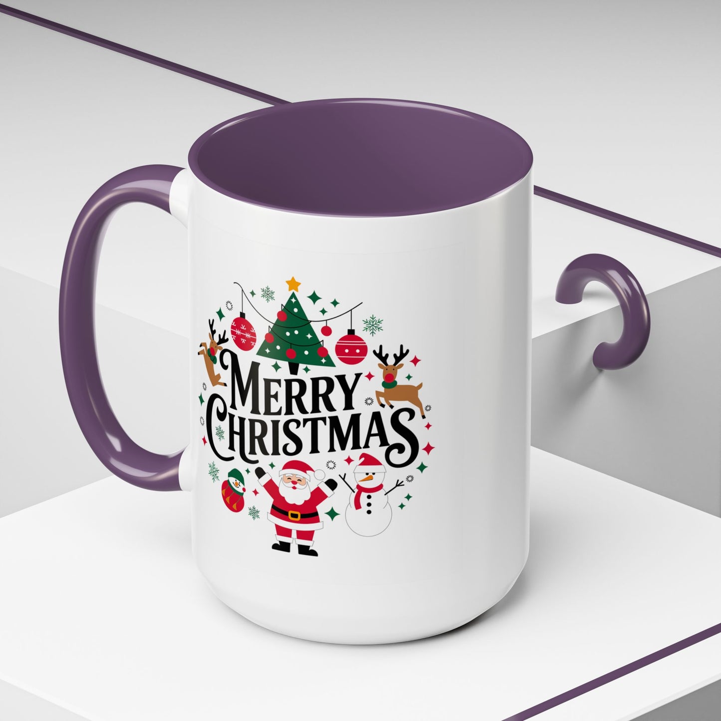 Christmas Mug - Merry Christmas Black Text Santa Reindeer Snowmen Ornaments