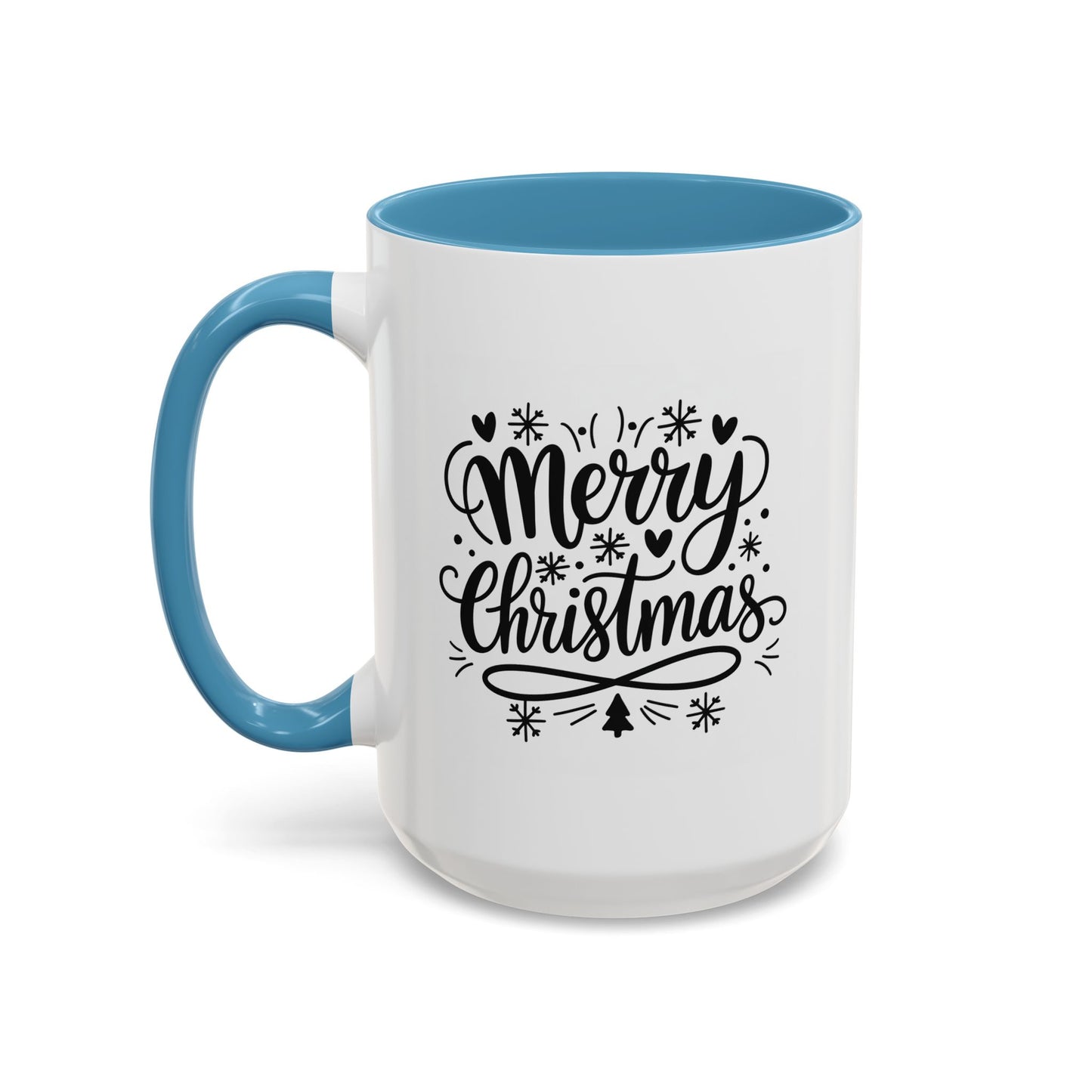 Christmas Mug - Merry Christmas Black Text Tree Snowflakes Hearts