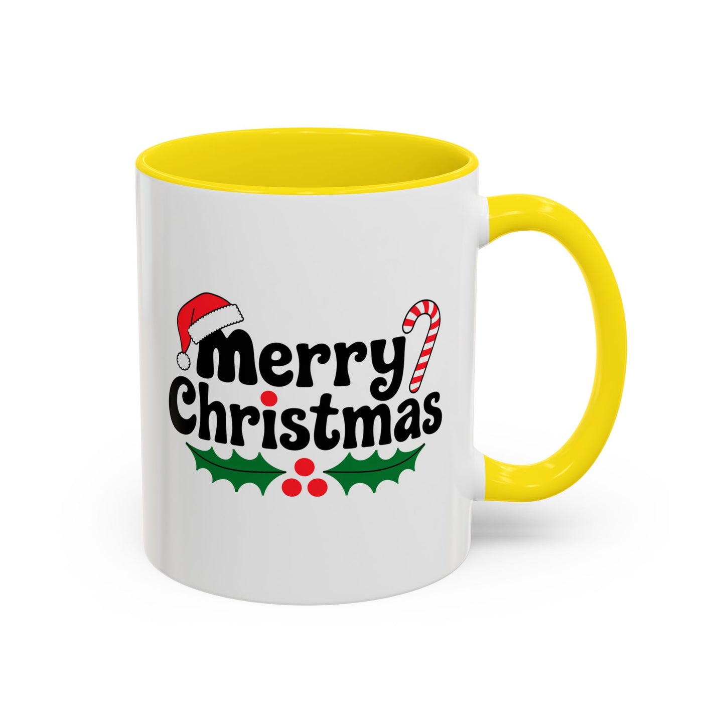 Christmas Mug - Merry Christmas Black Text Hat Cane Misletoe