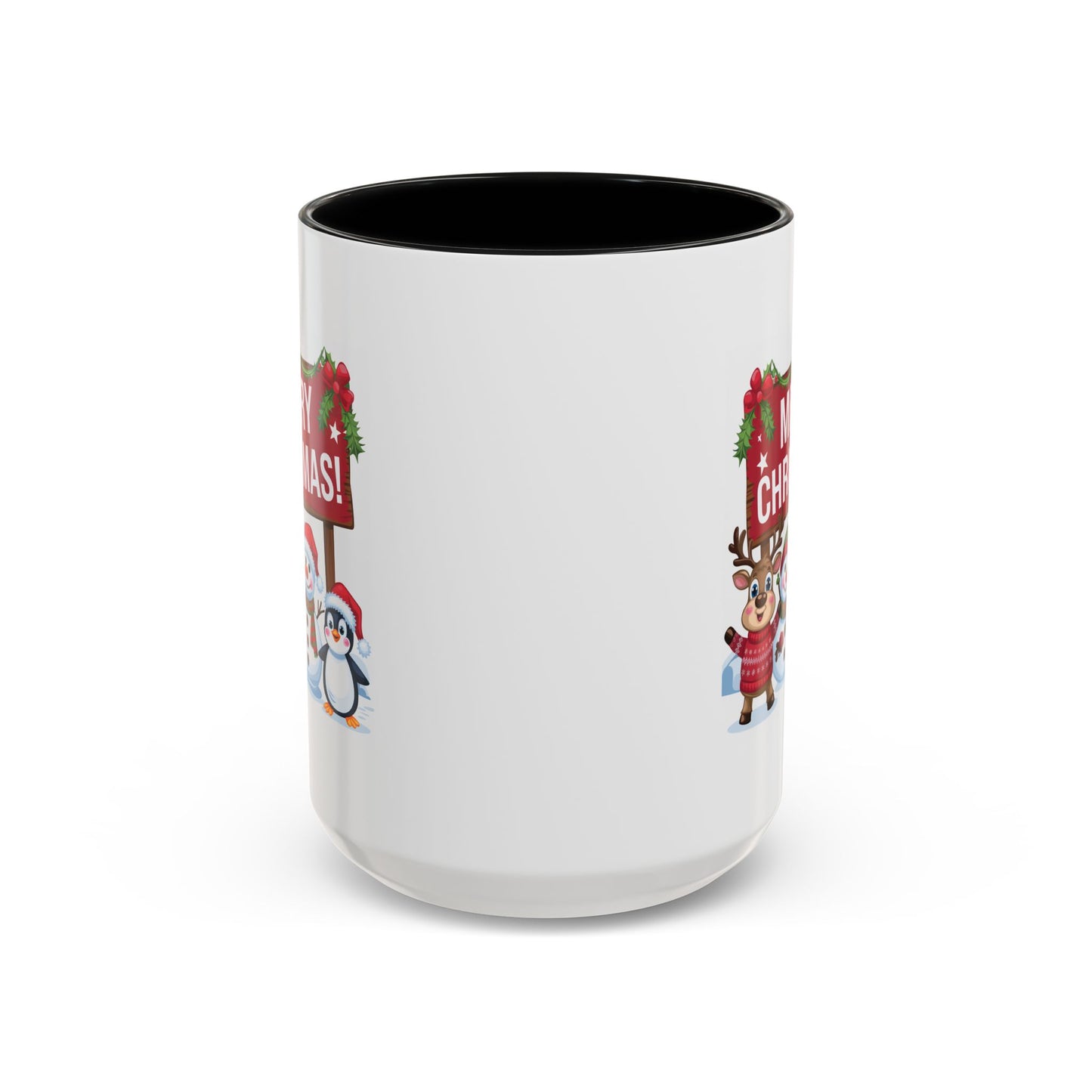 Christmas Mug - Merry Christmas White Text Reindeer Snowmen Penguin