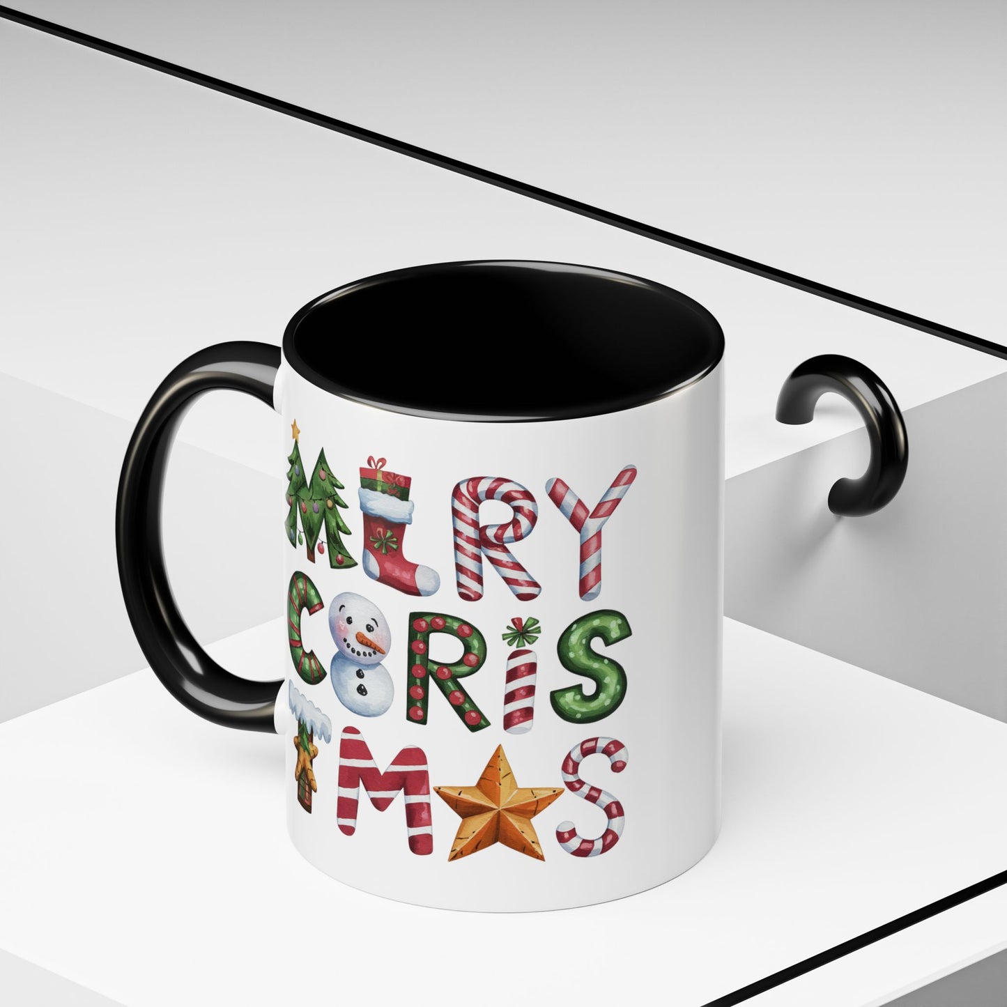 Christmas Mug - Merry Christmas Green Red & Gold Patterned Text
