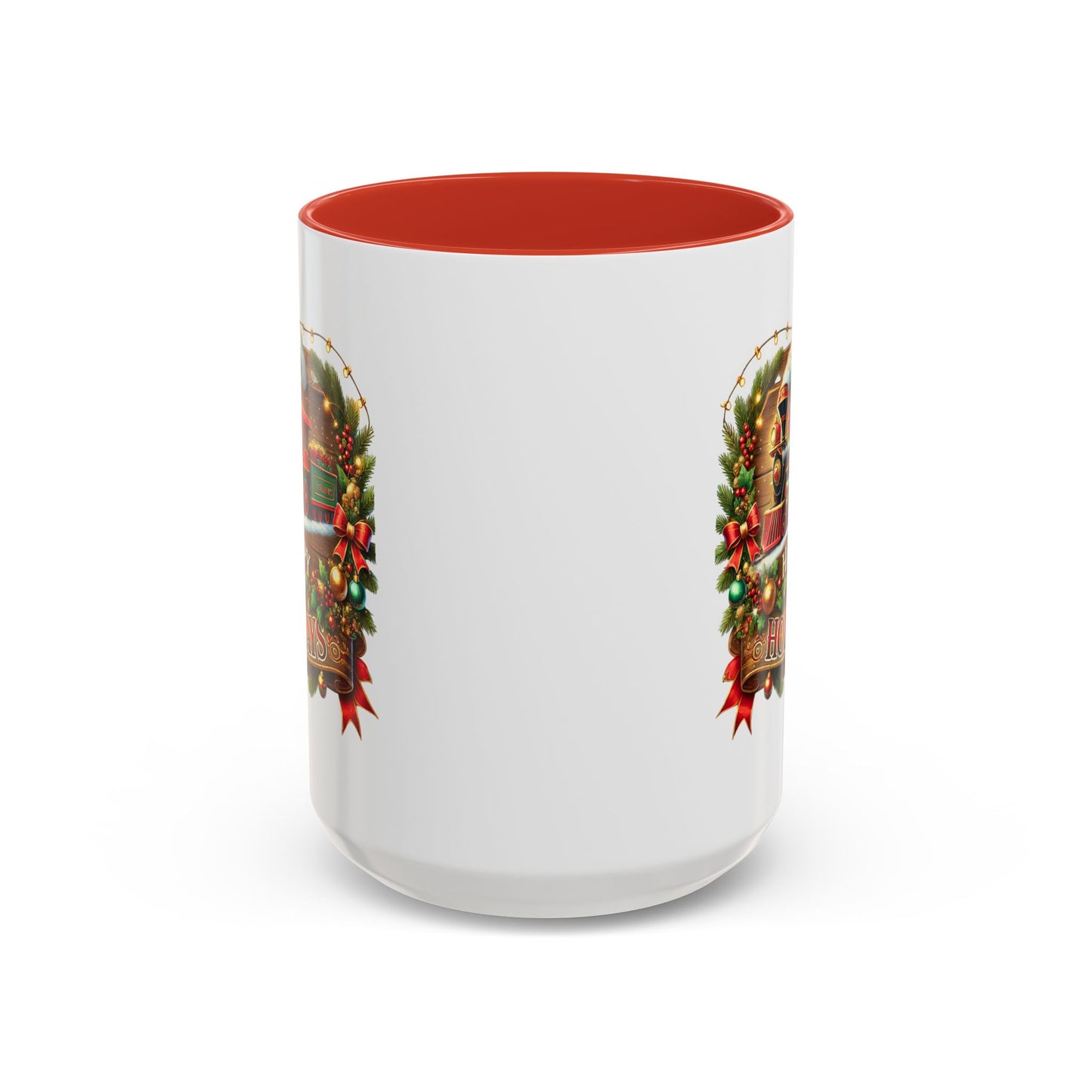 Christmas Mug - Happy Holidays White & Red Text Steam Locomotive
