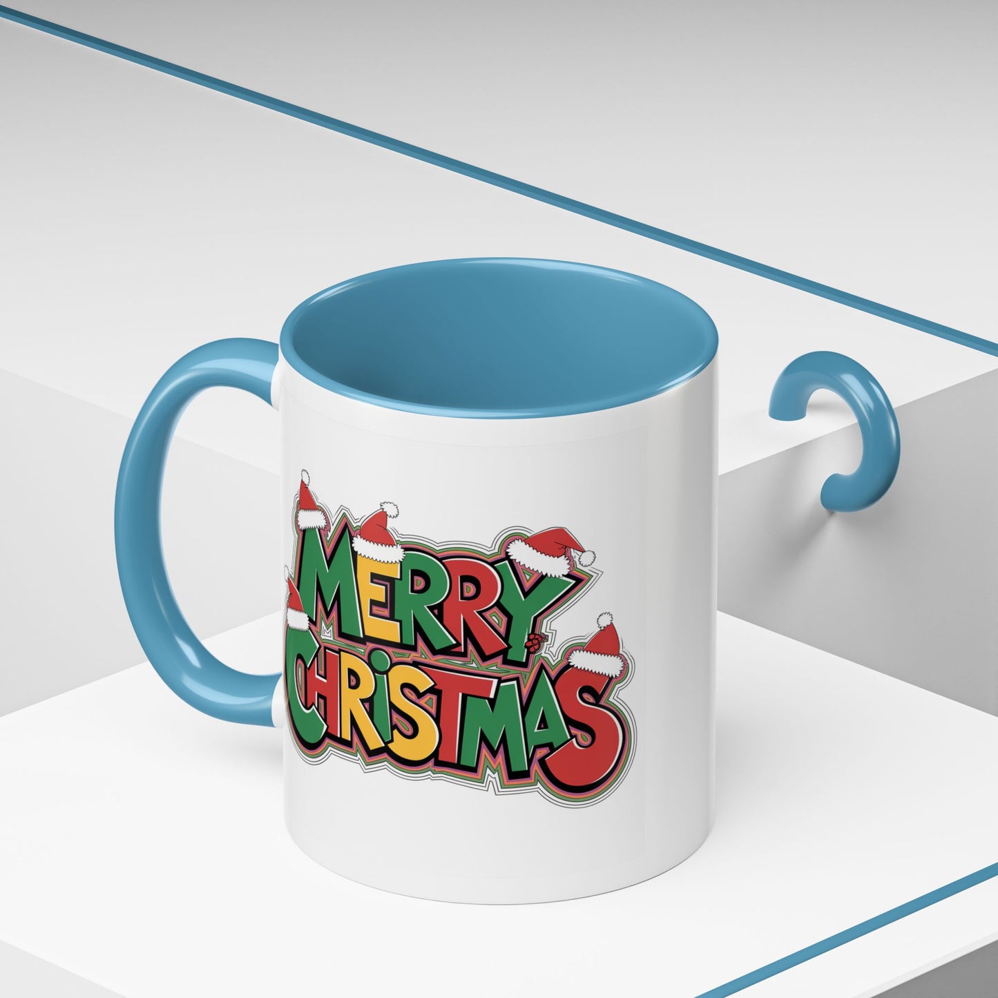 Christmas Mug - Merry Christmas Green Yellow & Red Text Hats