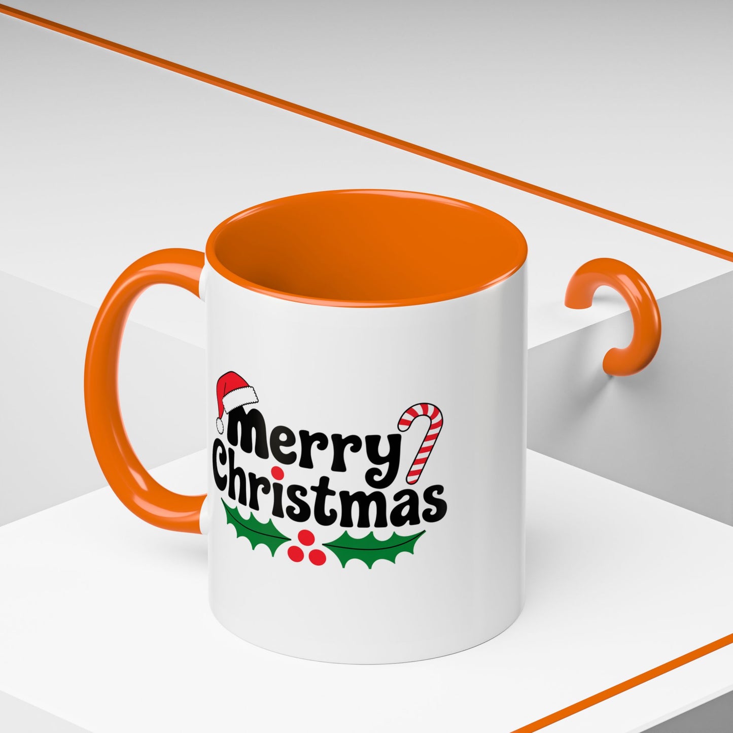 Christmas Mug - Merry Christmas Black Text Hat Cane Misletoe