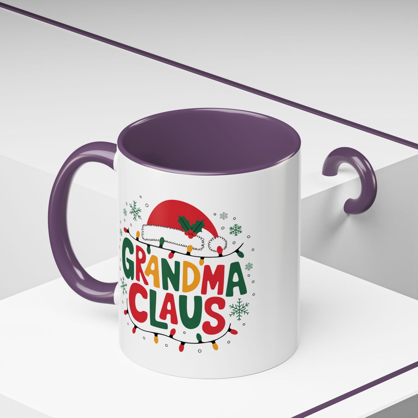 Christmas Mug - Grandma Claus Green Yellow & Red Text Hat Lights Stars