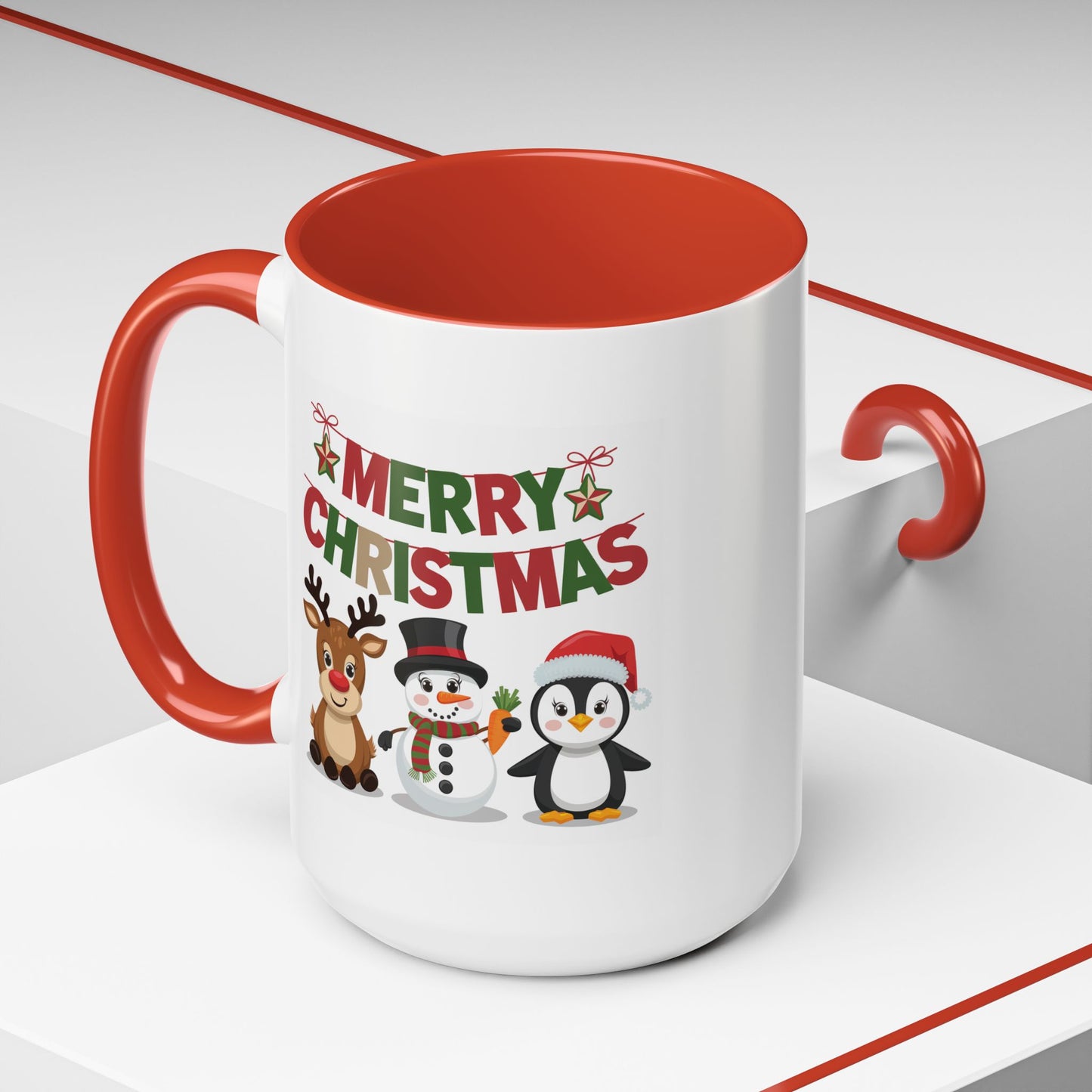 Christmas Mug - Red Green & Gold Text Reindeer Snowman Penguin