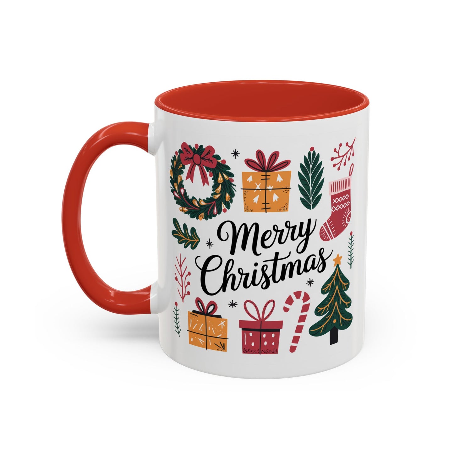 Christmas Mug - Merry Christmas Green Text Presents Tree Candy Cane