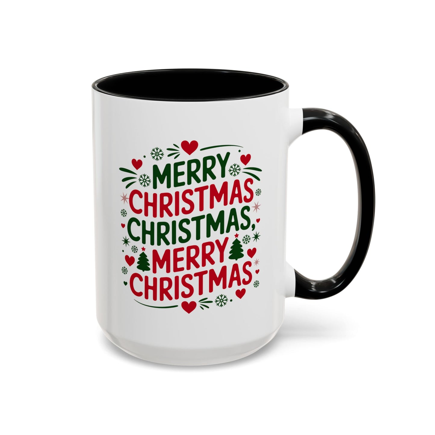 Christmas Mug - Merry Christmas Green & Red Text Trees Hearts Snowflakes Stars
