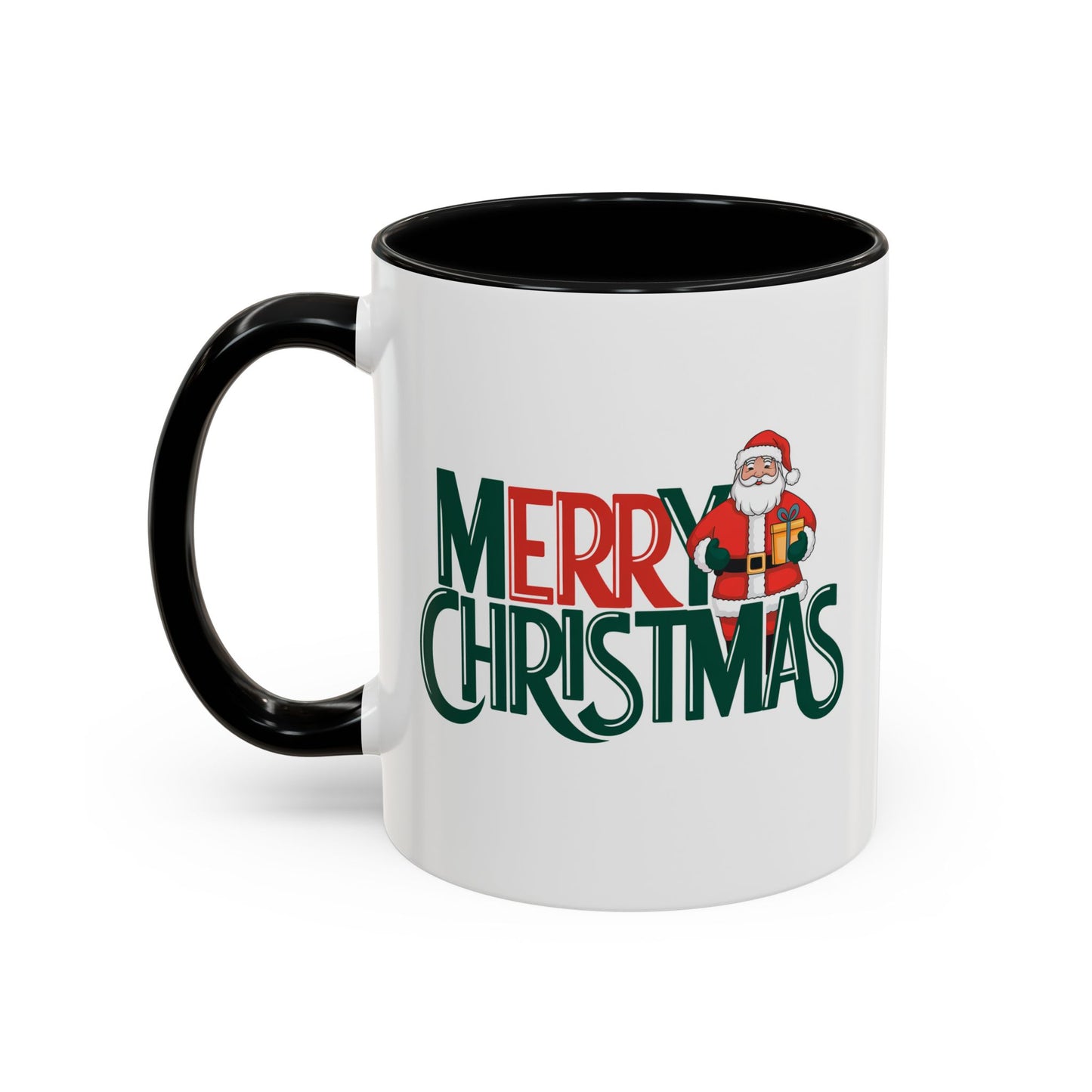 Christmas Mug - Merry Christmas Green & Red Text Santa Present