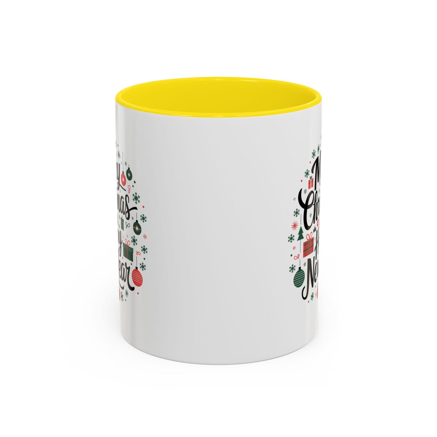 Christmas Mug - Merry Christmas and a Happy New Year Black Text Tree Ornaments Presents