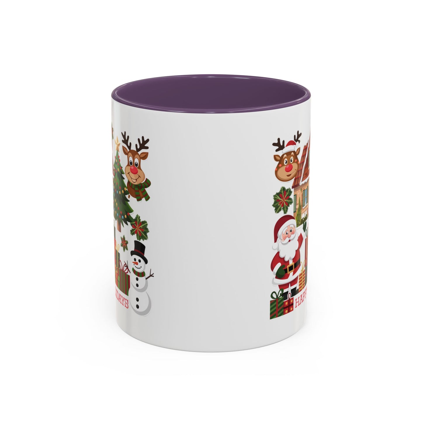 Christmas Mug - Happy Holidays Red Text Reindeer Santa Snowman Presents