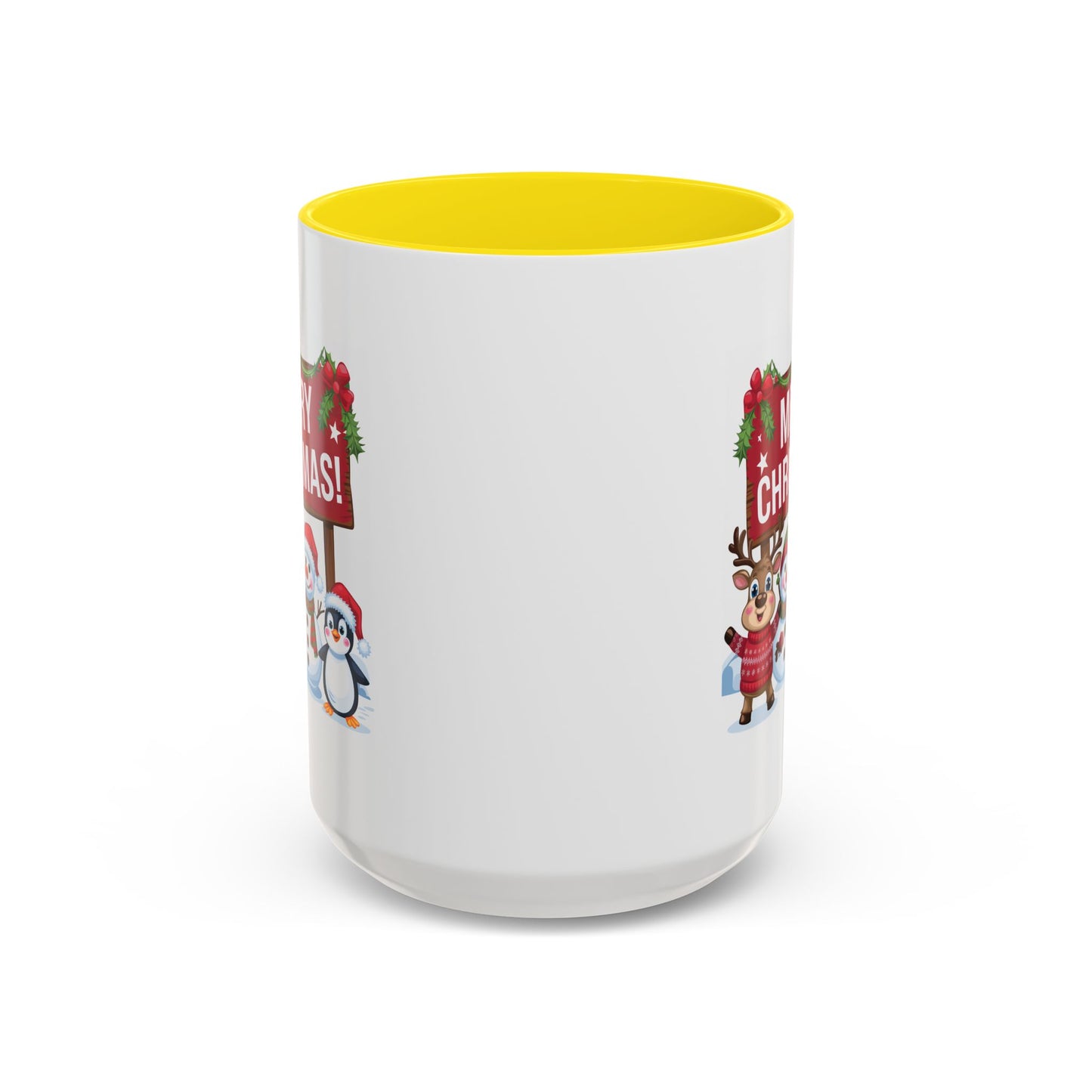 Christmas Mug - Merry Christmas White Text Reindeer Snowmen Penguin