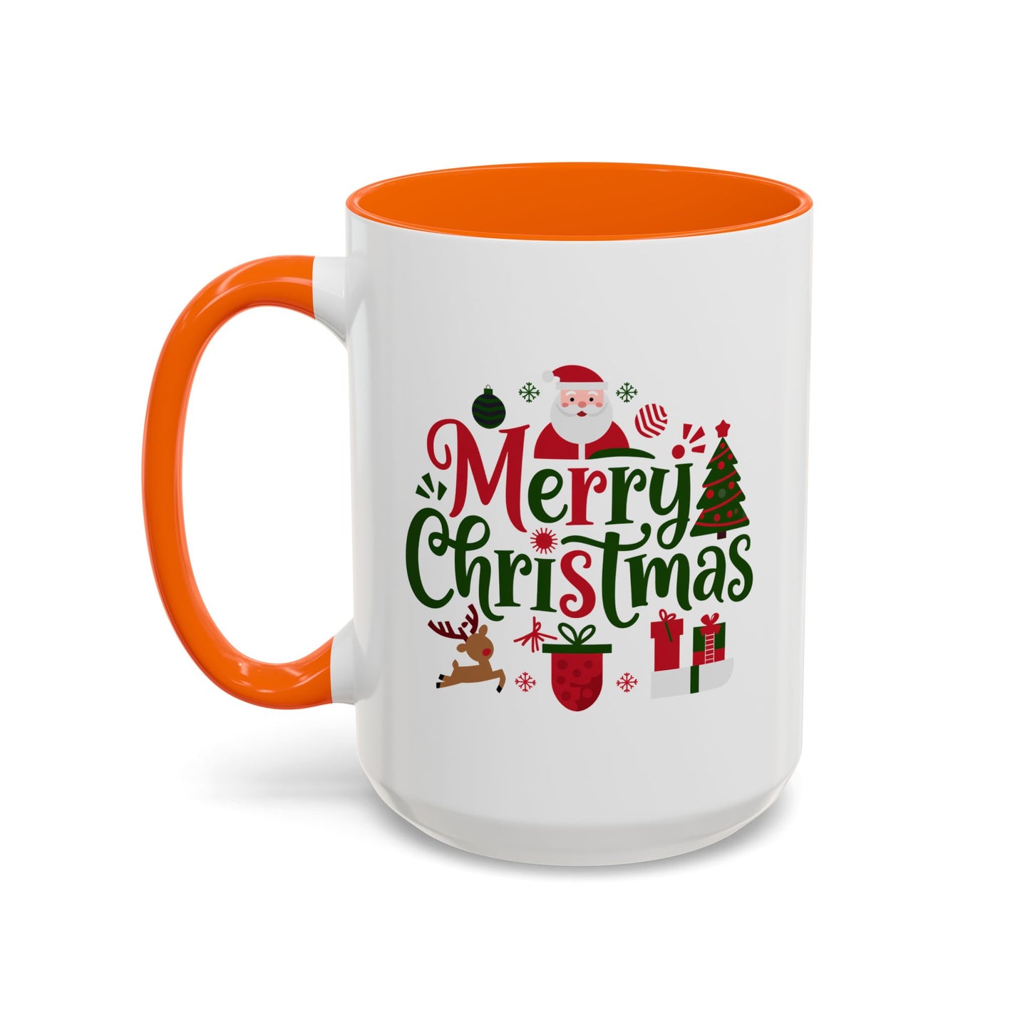 Christmas Mug - Merry Christmas Red & Green Text Santa Reindeer Tree Sleigh Ornaments