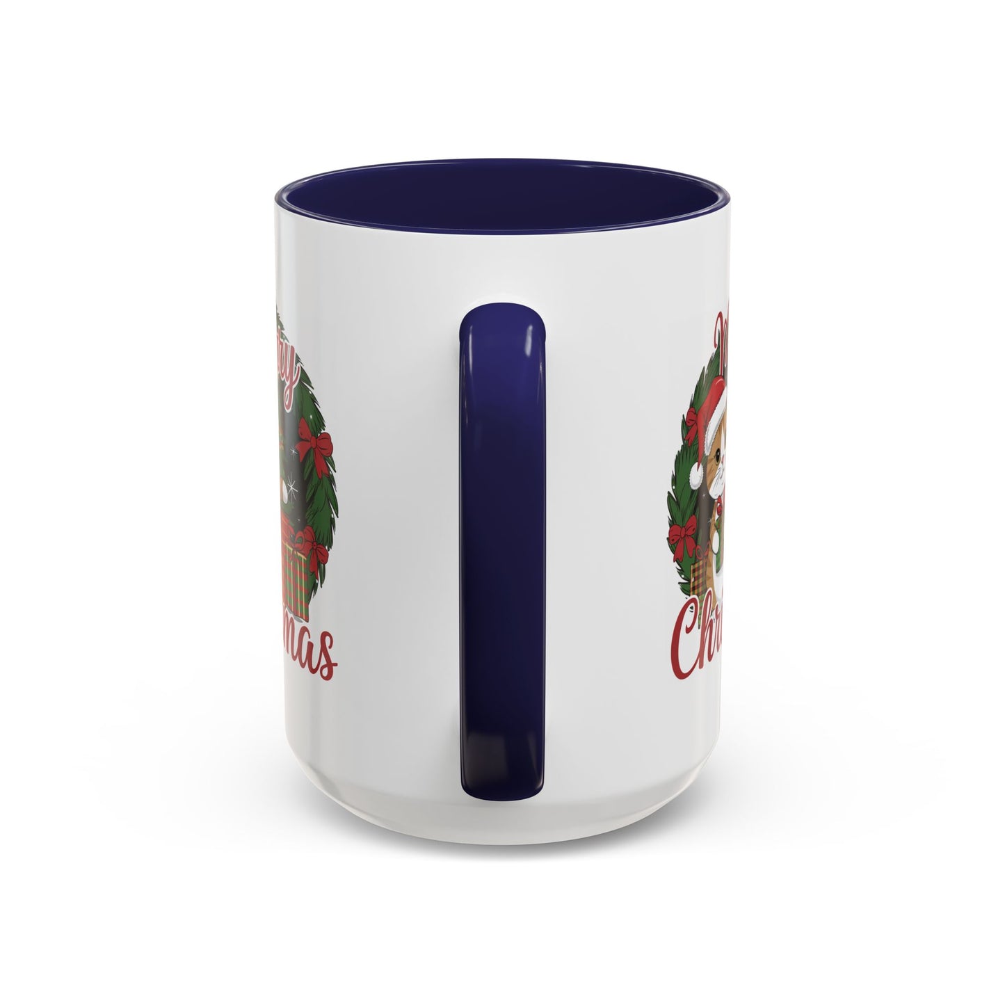 Christmas Mug - Merry Christmas Red Text Cat Presents Wreath