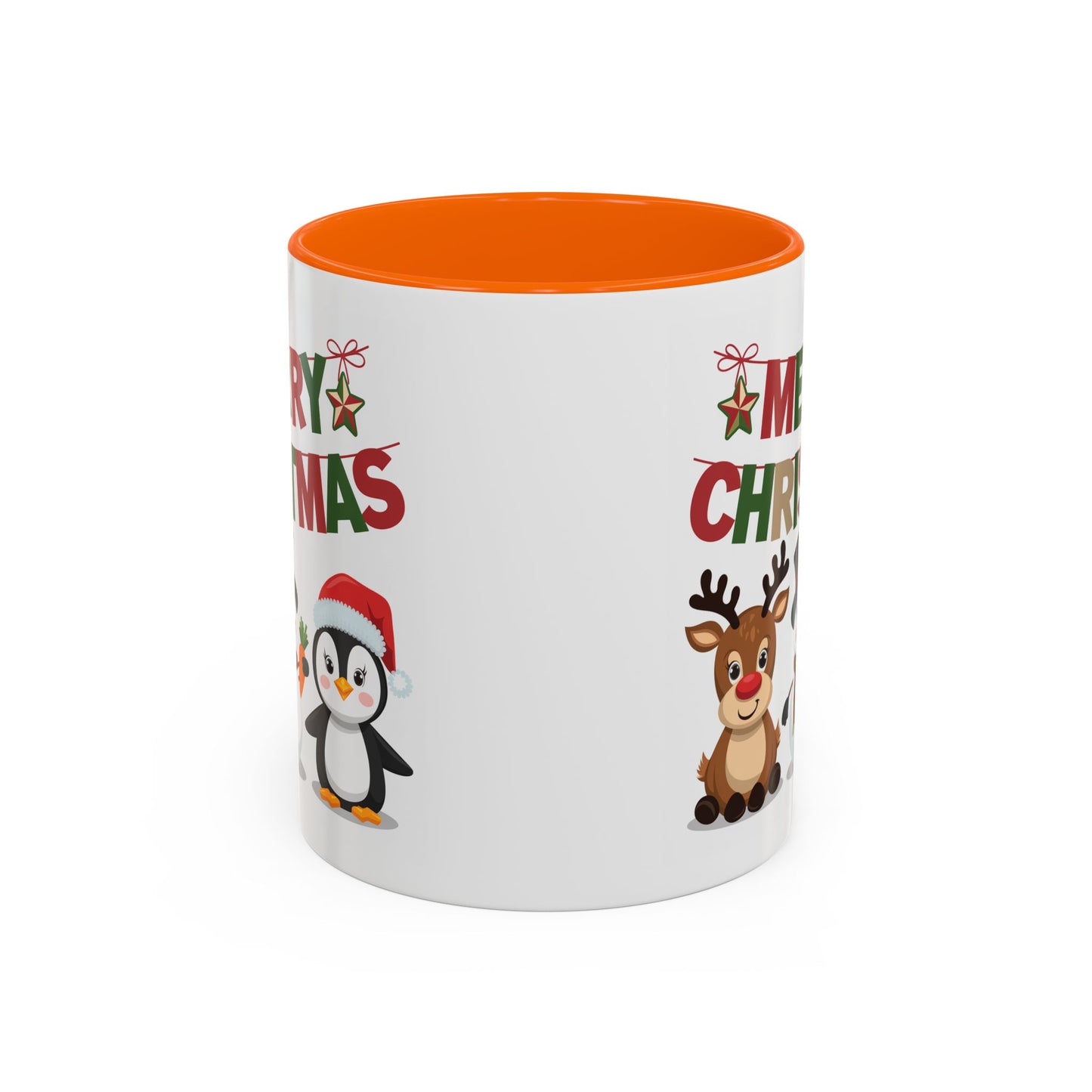 Christmas Mug - Red Green & Gold Text Reindeer Snowman Penguin