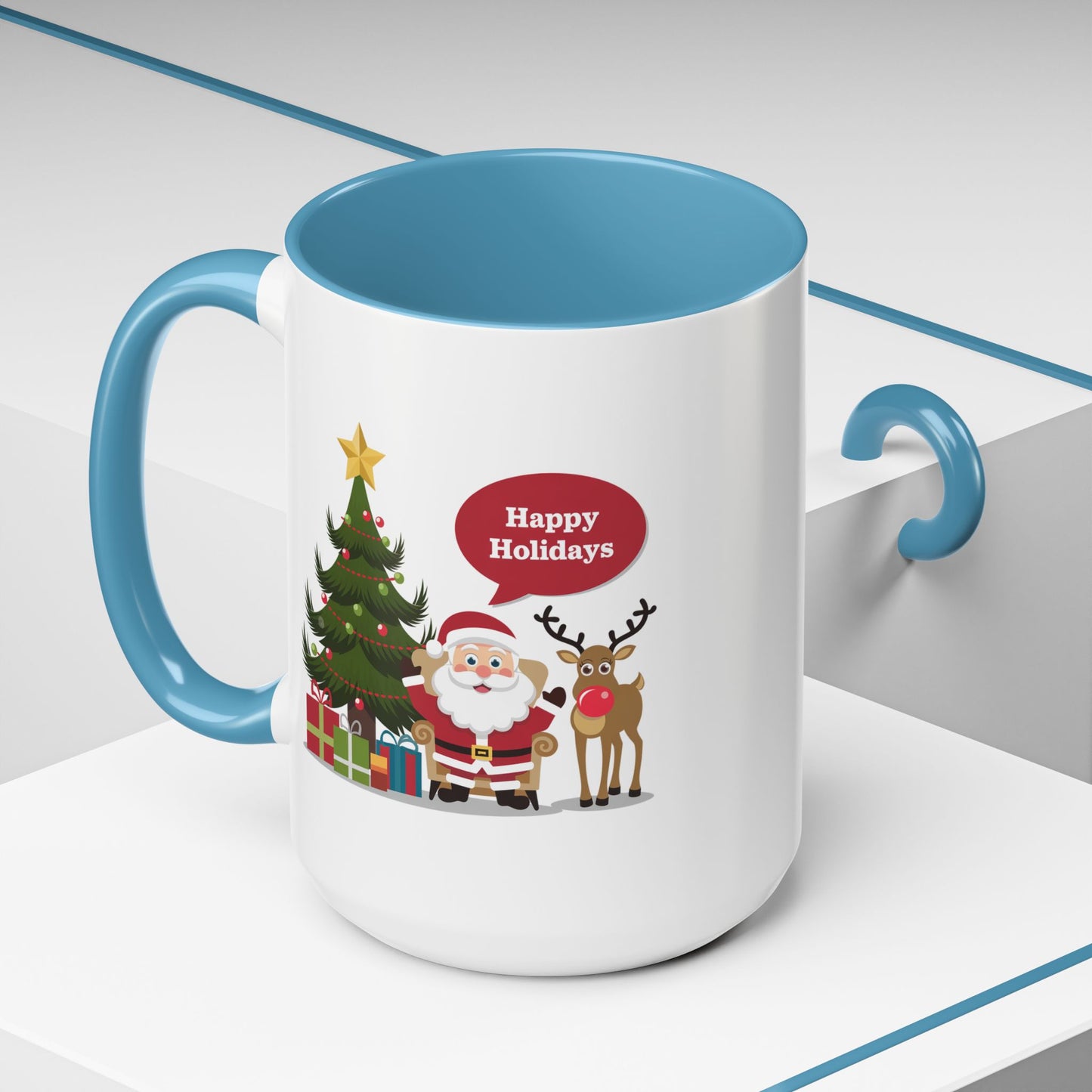 Christmas Mug - Happy Holidays Callout Santa Tree Presents Reindeer