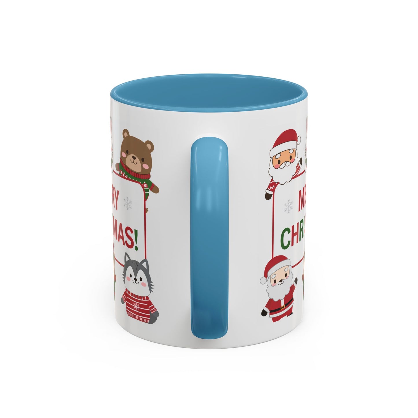 Christmas Mug - Merry Christmas Red & Green Text Santa Cute Animals