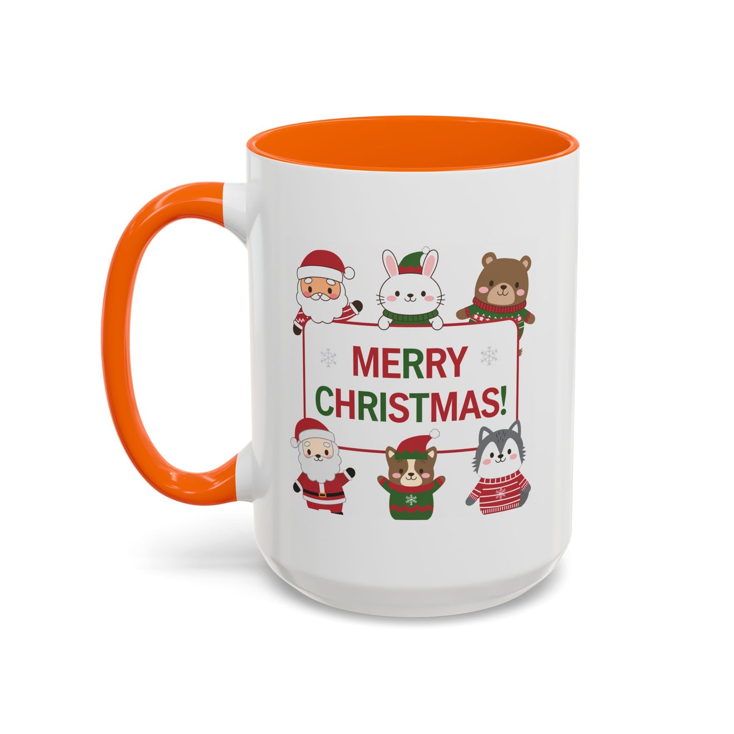 Christmas Mug - Merry Christmas Red & Green Text Santa Cute Animals