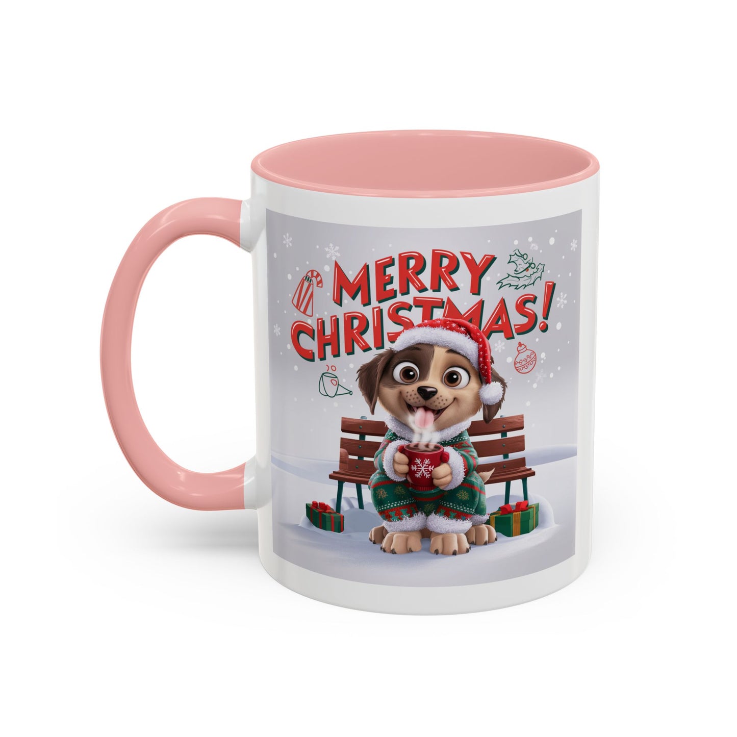 Christmas Mug - Merry Christmas Red Text Puppy Green Top