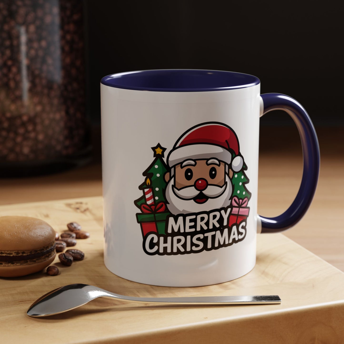 Christmas Mug - Merry Christmas White & Black Text Santa Trees Presents