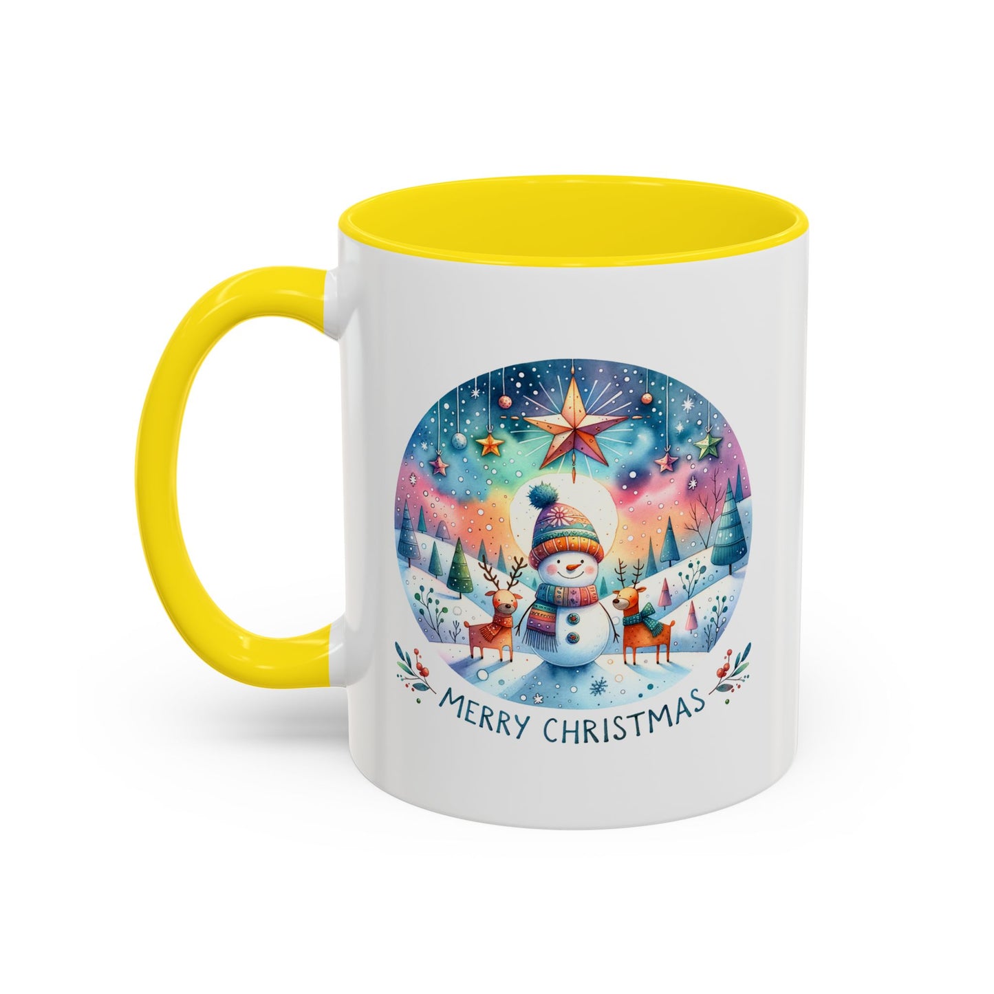 Christmas Mug - Merry Christmas Blue Text Snowman Star Reindeer