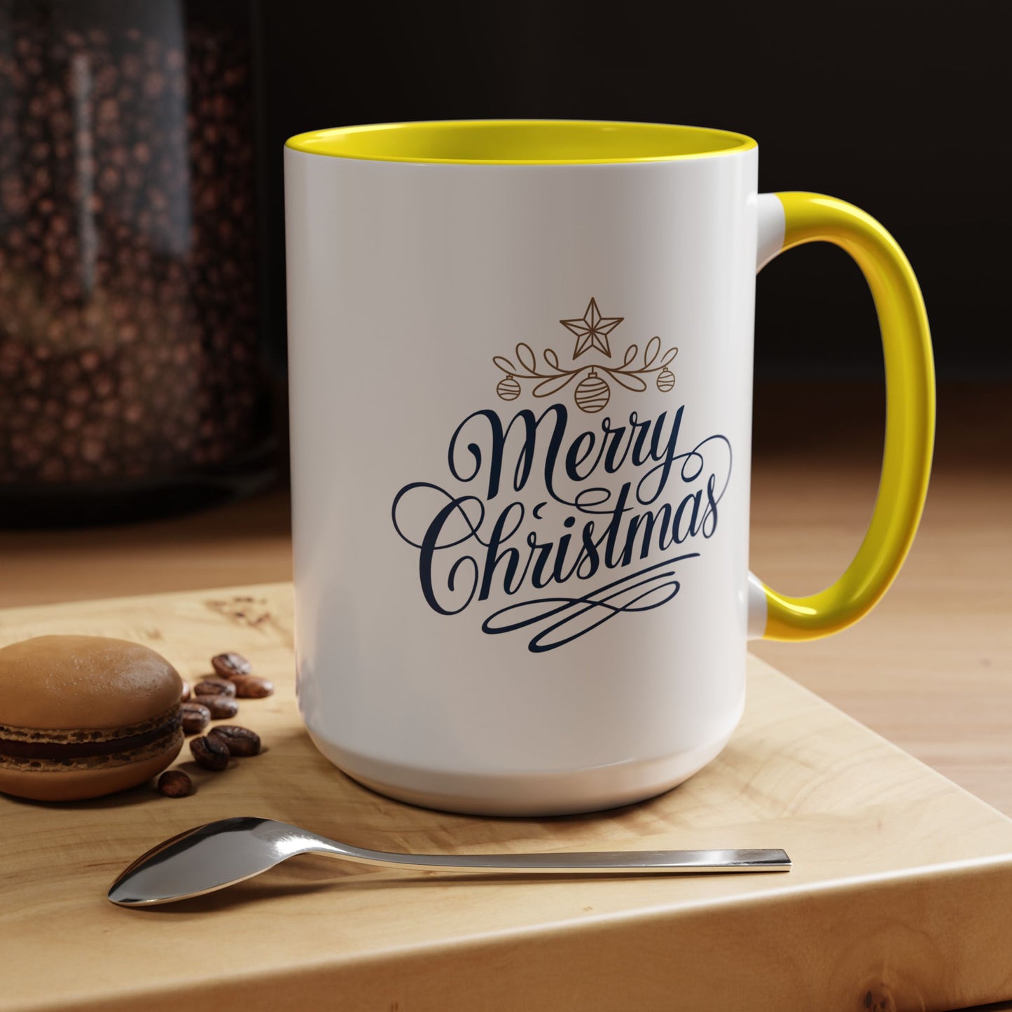 Christmas Mug - Merry Christmas Blue Text Gold Ornaments