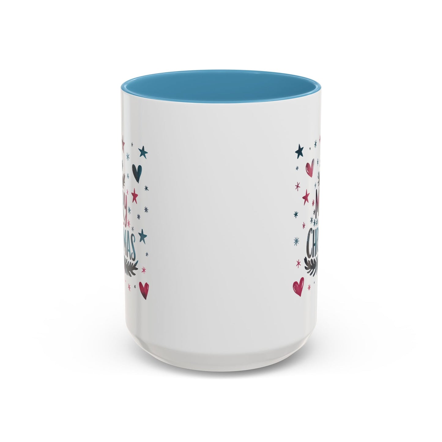 Christmas Mug - Merry Christmas Maroon & Blue Text Tree Hearts Stars