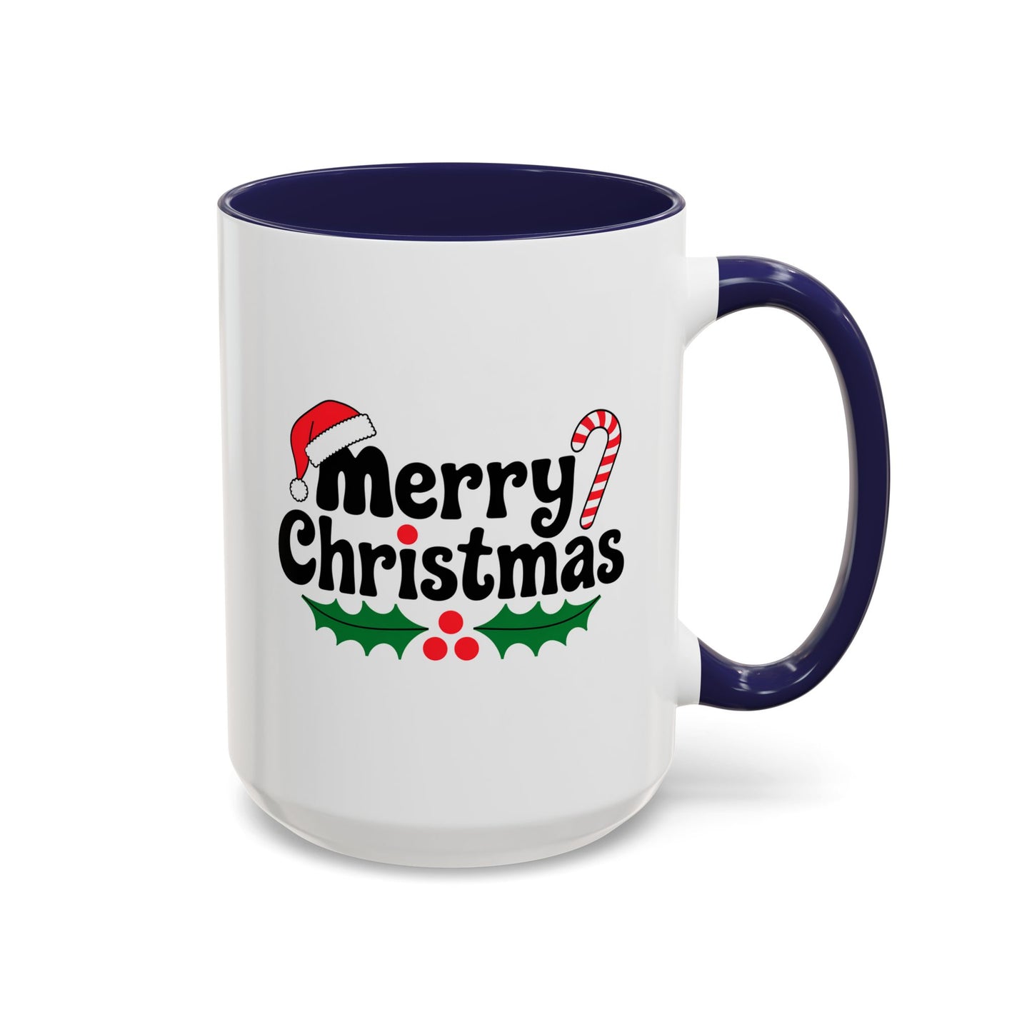 Christmas Mug - Merry Christmas Black Text Hat Candy Cane Mistletoe