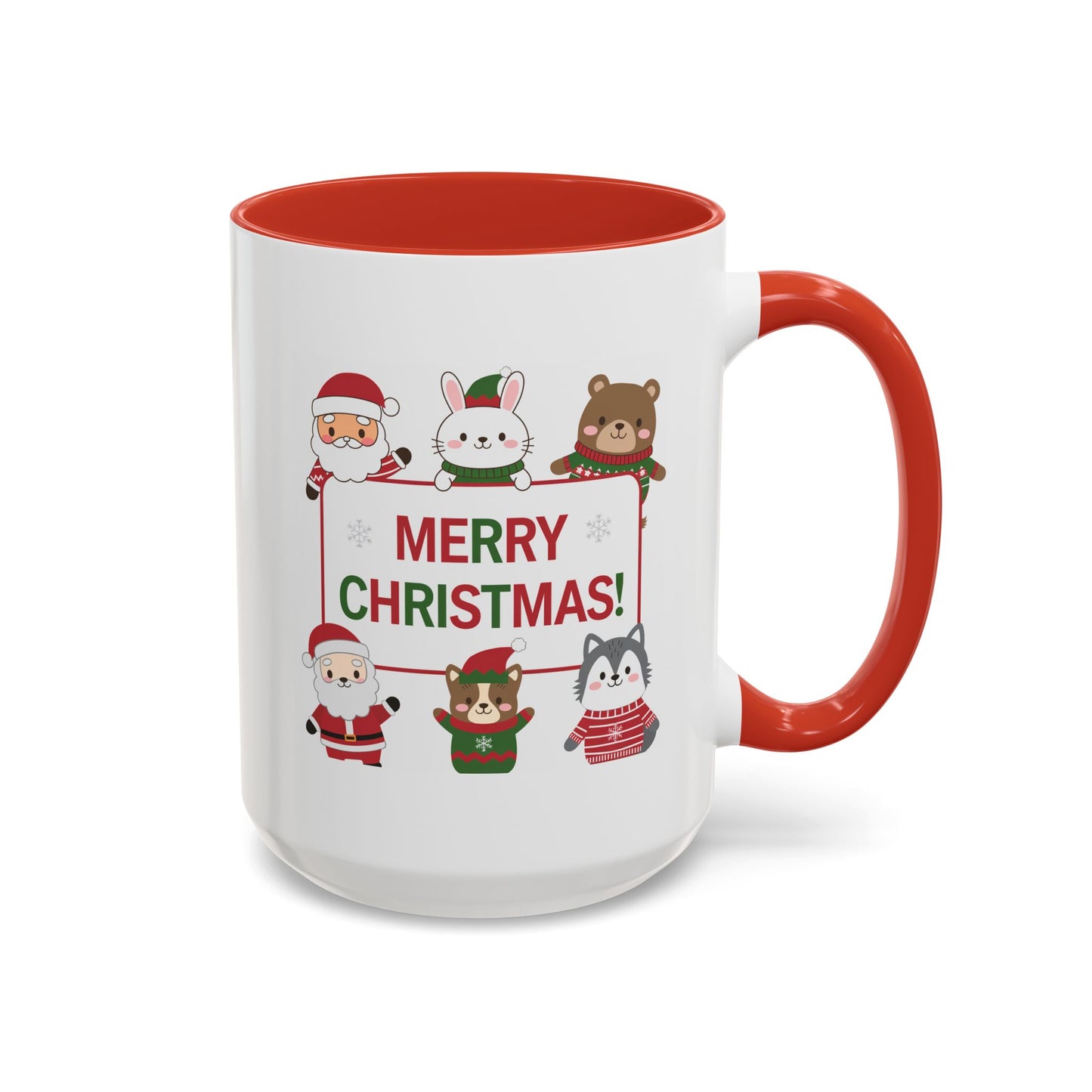 Christmas Mug - Merry Christmas Red & Green Text Santa Cute Animals