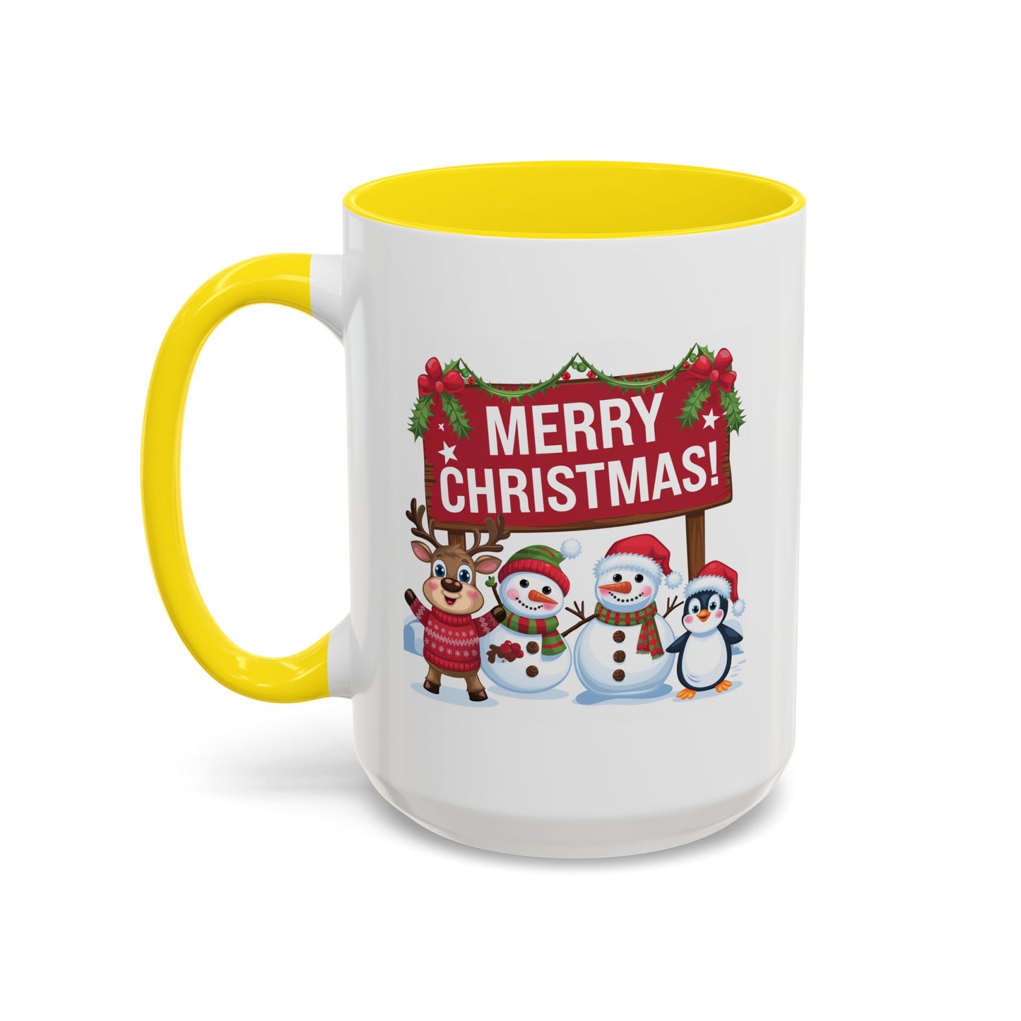 Christmas Mug - Merry Christmas White Text Reindeer Snowmen Penguin