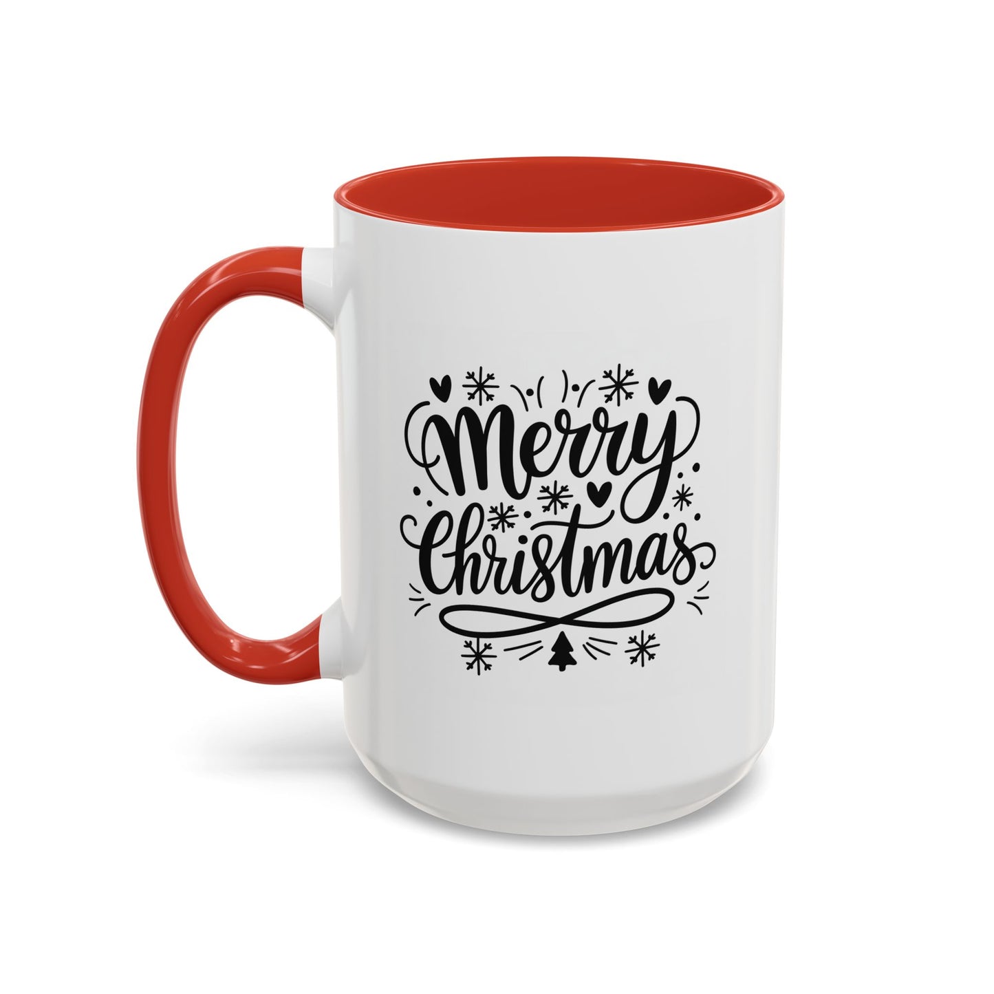Christmas Mug - Merry Christmas Black Text Tree Snowflakes Hearts