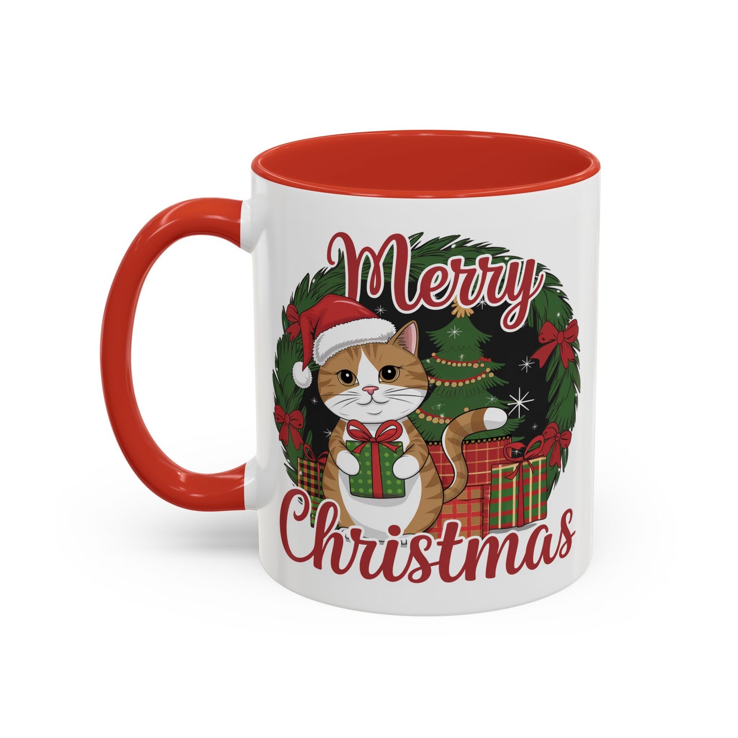 Christmas Mug - Merry Christmas Red Text Cat Presents Wreath