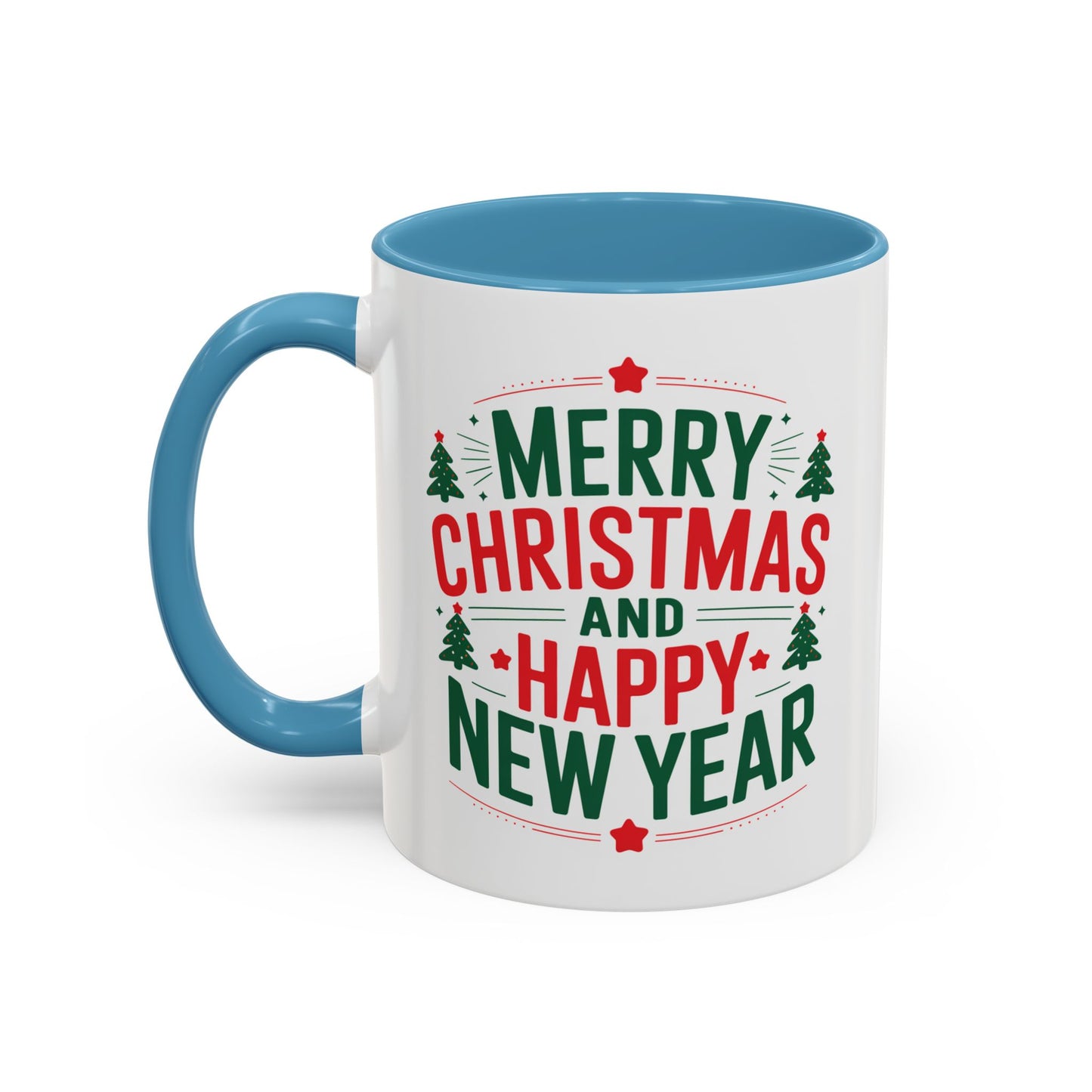 Christmas Mug - Merry Christmas and a Happy New Year Green & Red Text Trees Stars