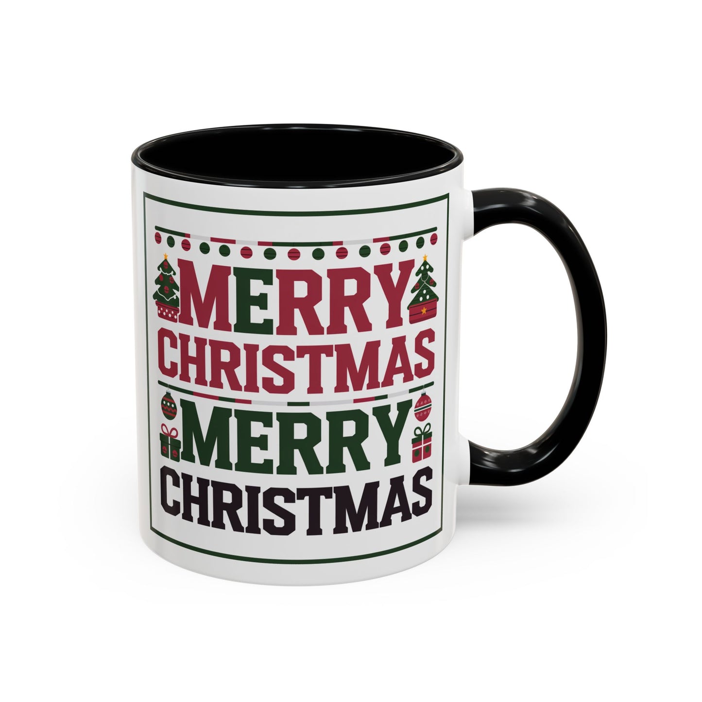 Christmas Mug - Merry Christmas Red Green & Black Text Trees Presents