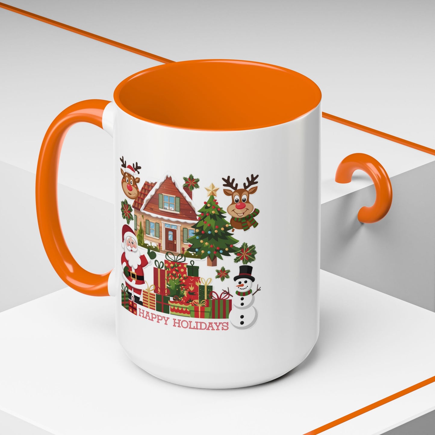 Christmas Mug - Happy Holidays Red Text Reindeer Santa Snowman Presents