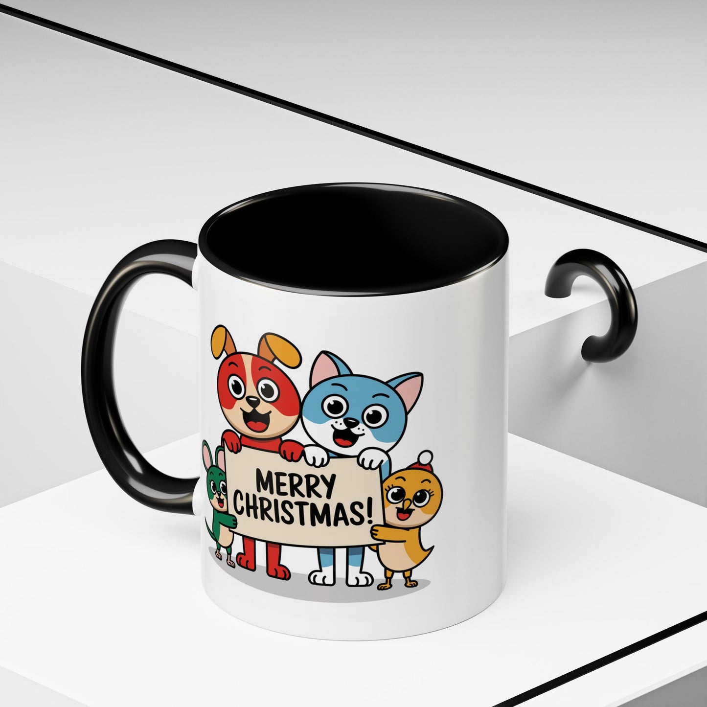 Christmas Mug - Merry Christmas Black Text Mouse Dog Cat Bird