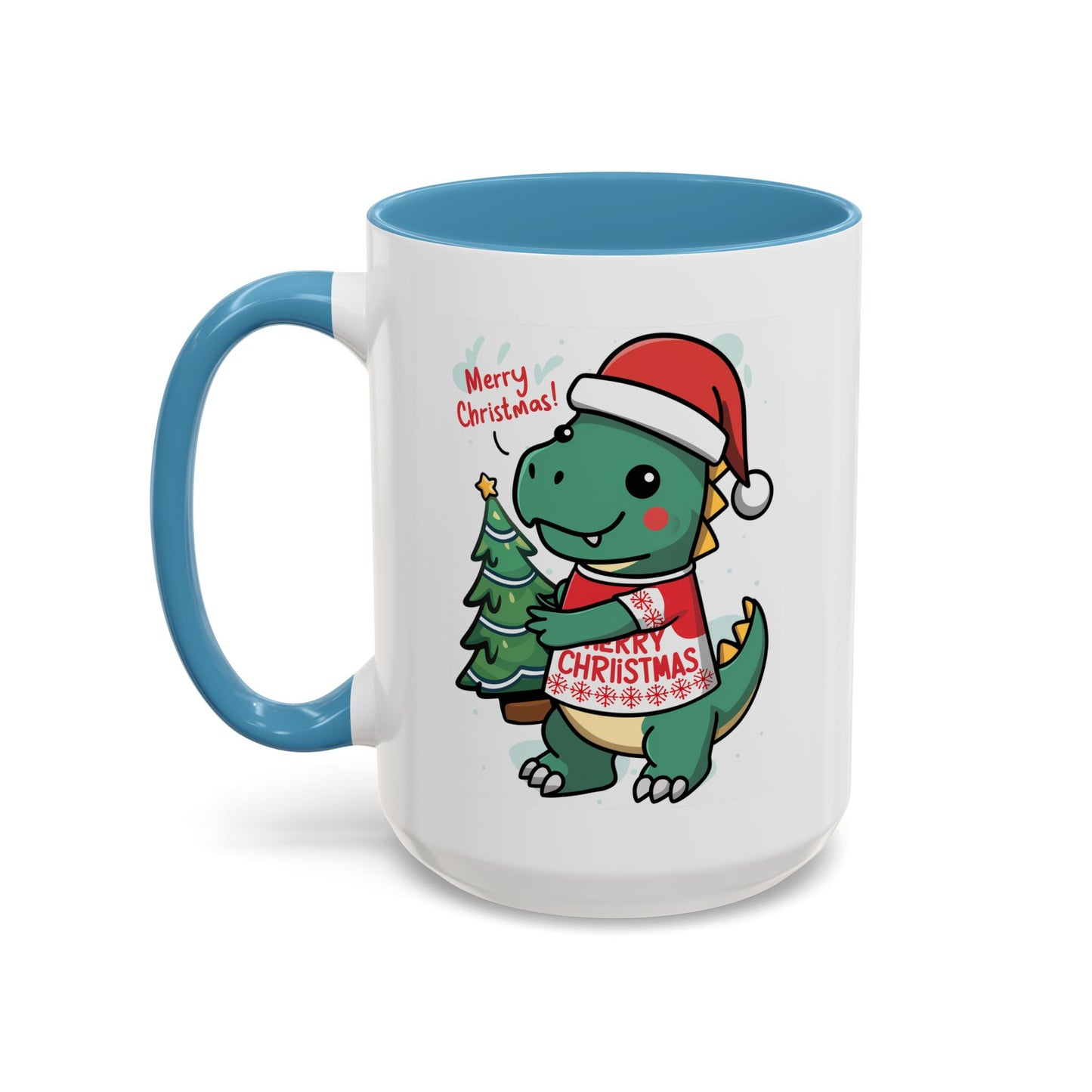 Christmas Mug - Merry Christmas Red Text Dinosaur Tree