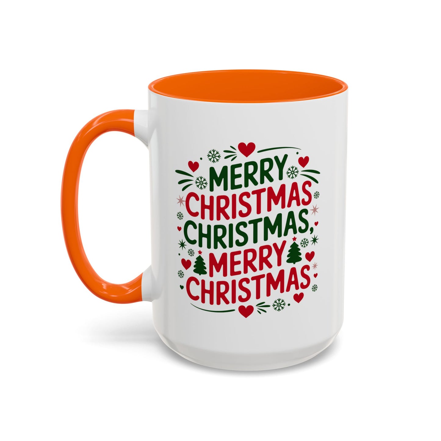 Christmas Mug - Merry Christmas Green & Red Text Trees Hearts Snowflakes Stars