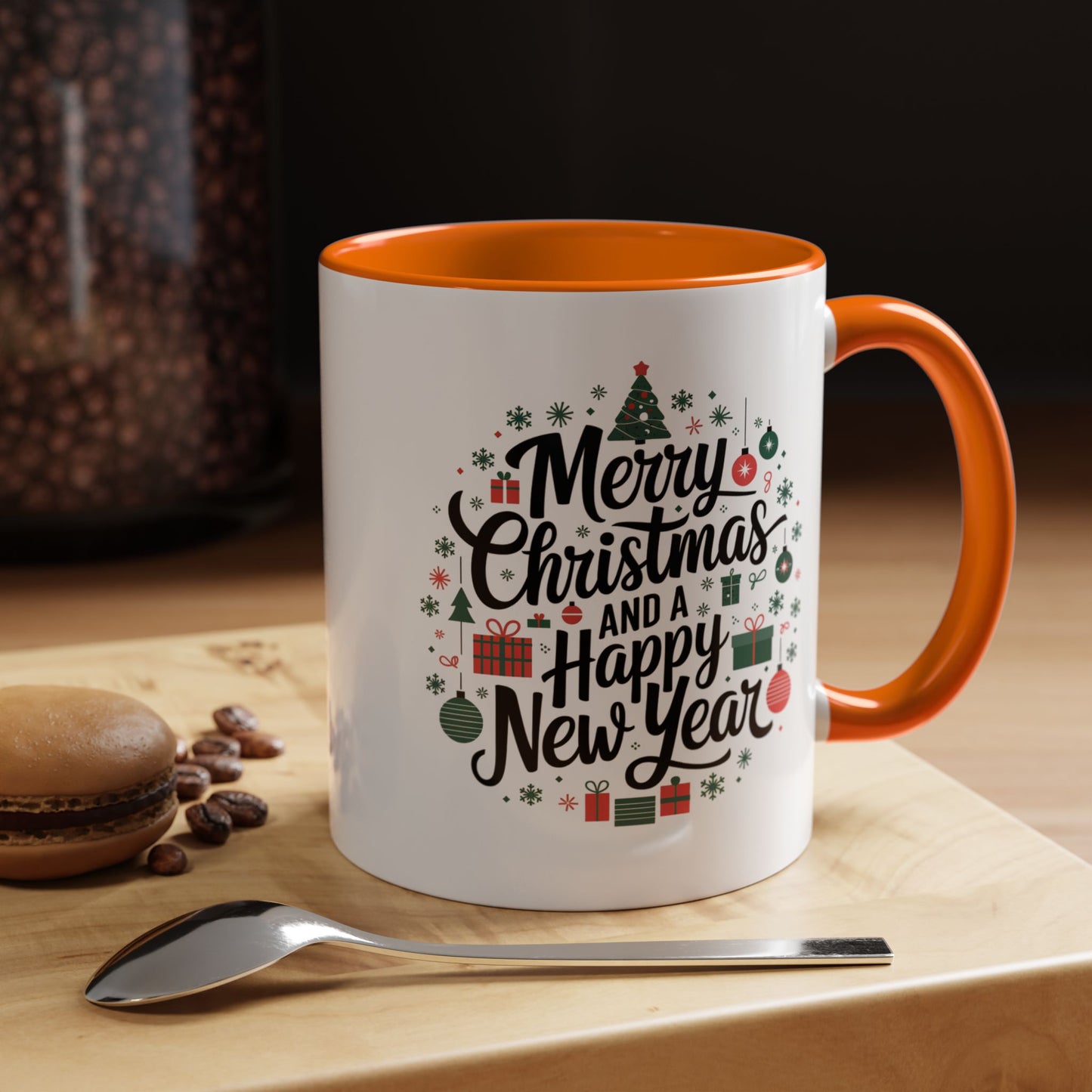 Christmas Mug - Merry Christmas and a Happy New Year Black Text Tree Ornaments Presents