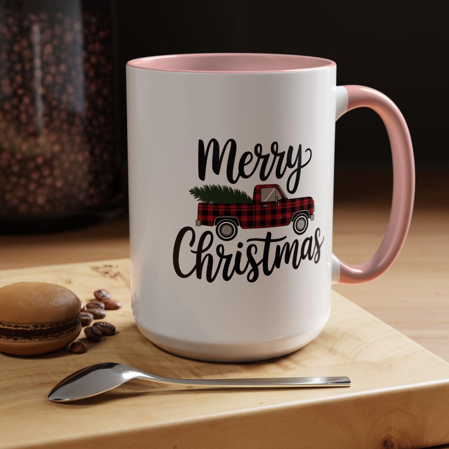 Christmas Mug - Merry Christmas Black Text Tartan Truck