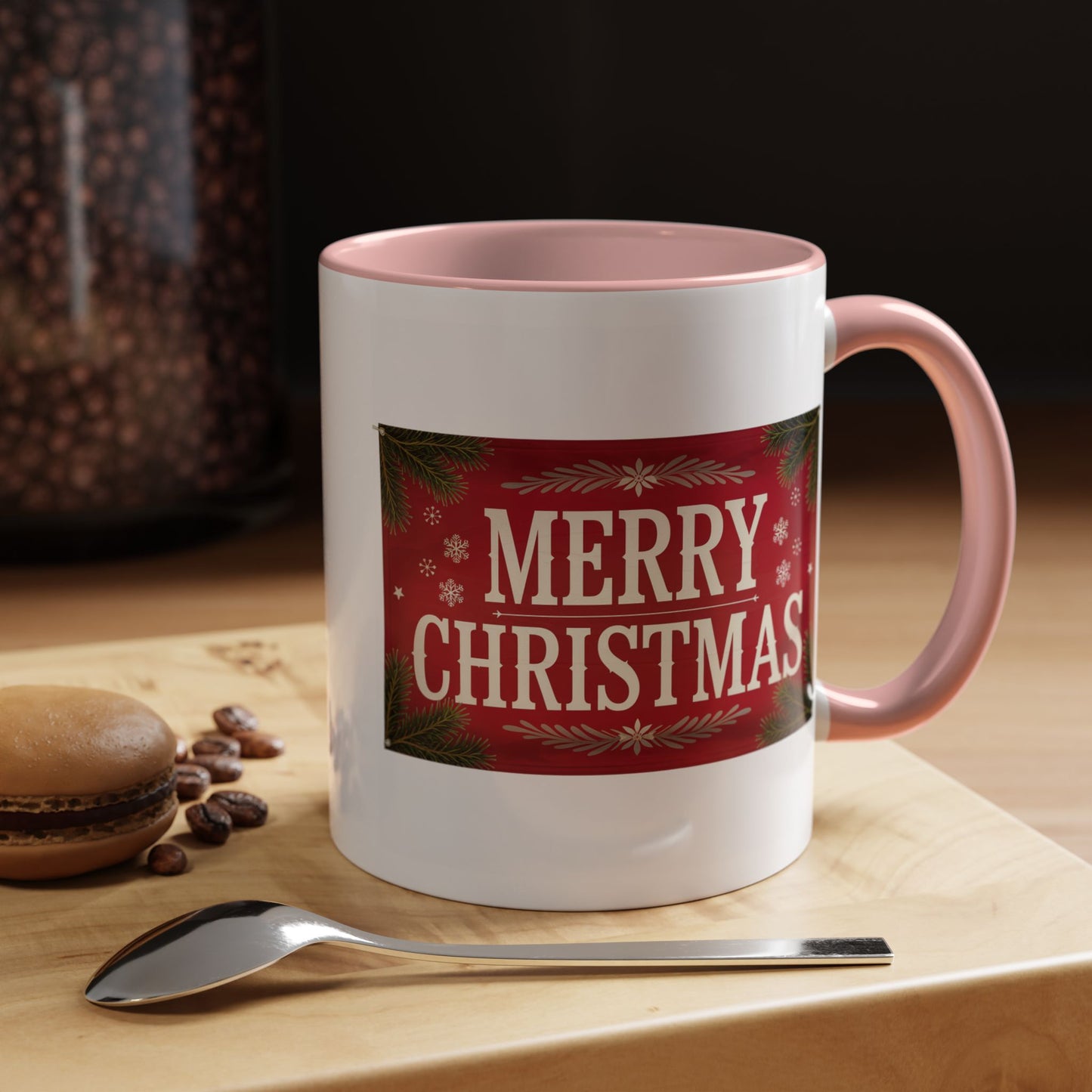 Christmas Mug - Merry Christmas Cream Text Maroon Background